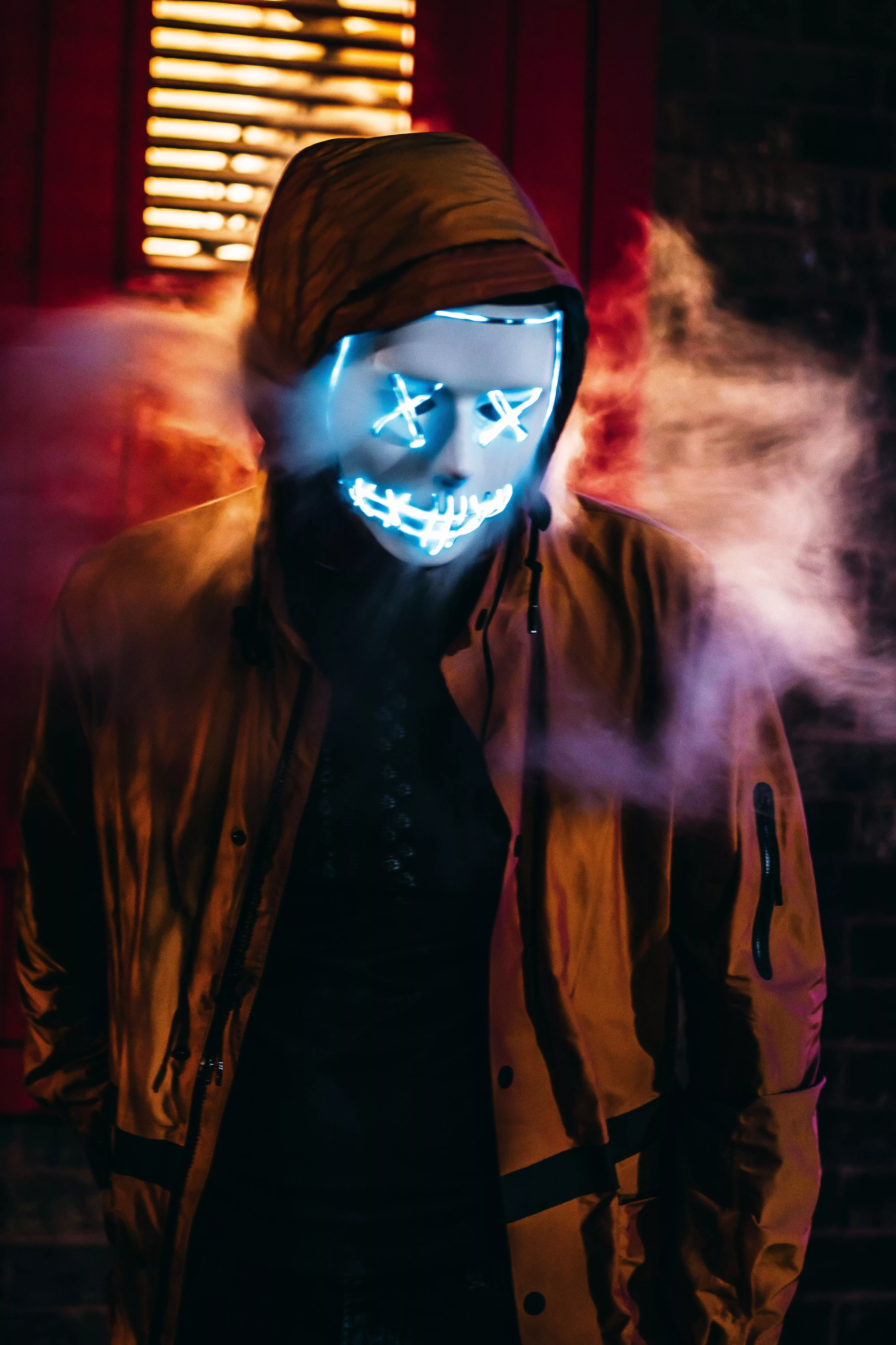 Neon mask wallpaper with smoke