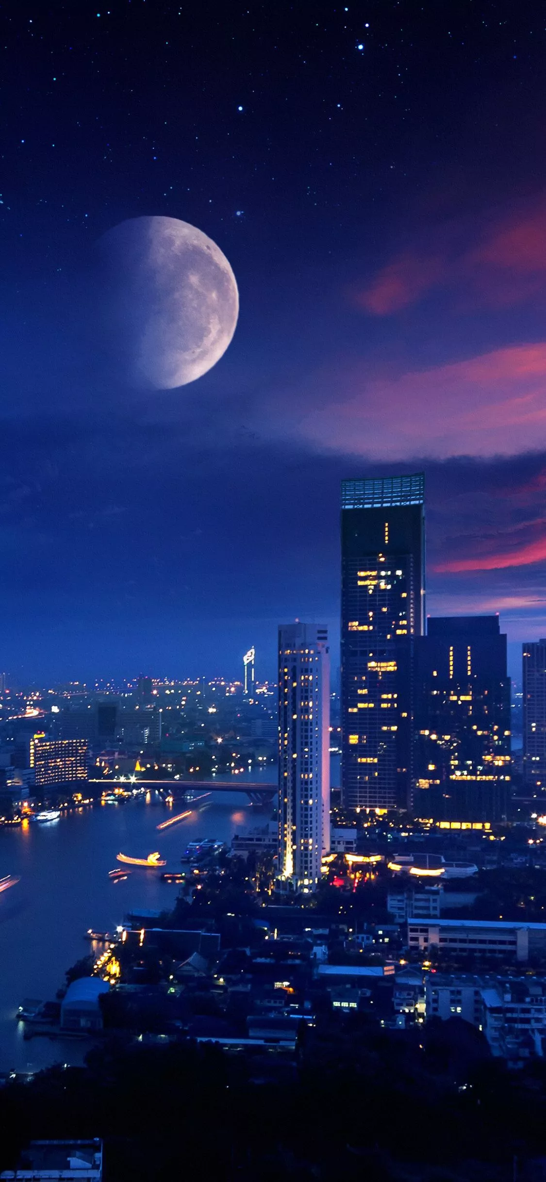 City Lights Moon Vibrant 4k iPhone XS, iPhone 10, iPhone X , HD 4k Wallpaper, Image, Background, Photos and Picture