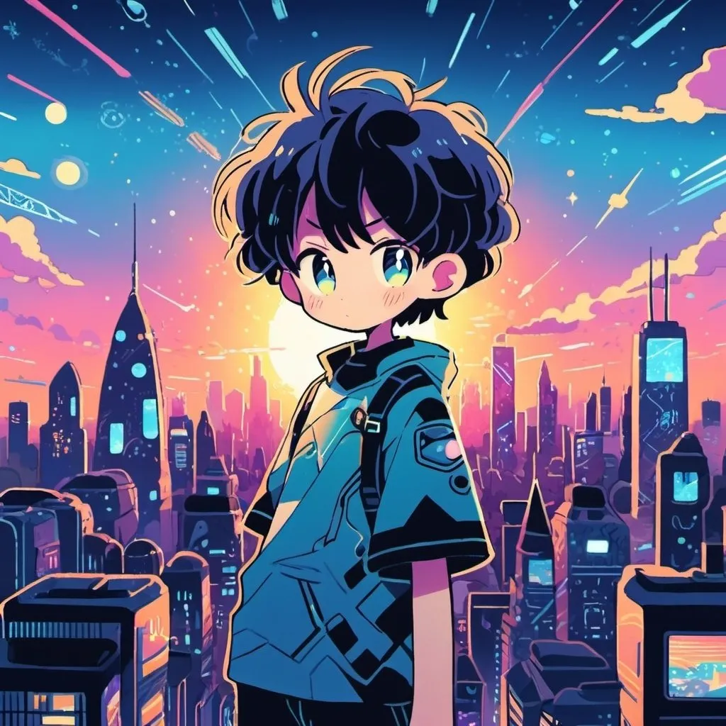 Futuristic anime illustration of a boy