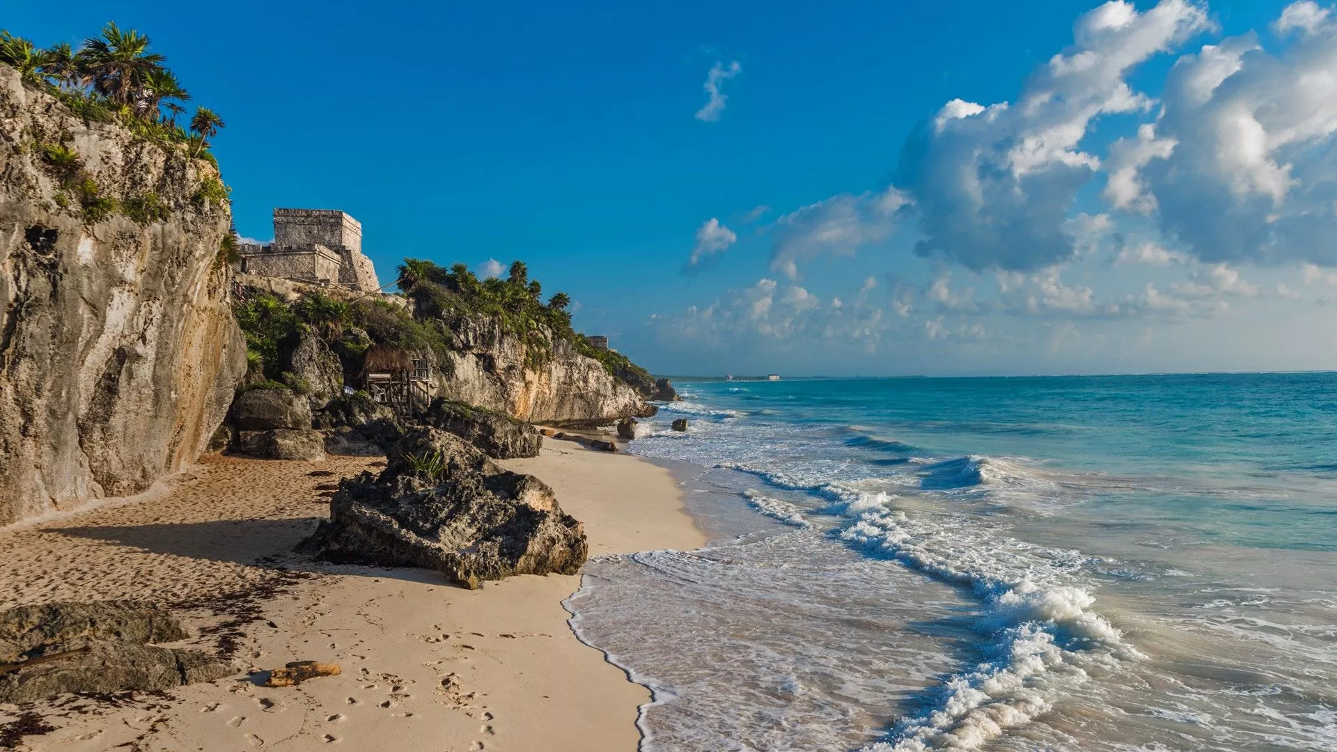 White sand beach and ruins of Tulum