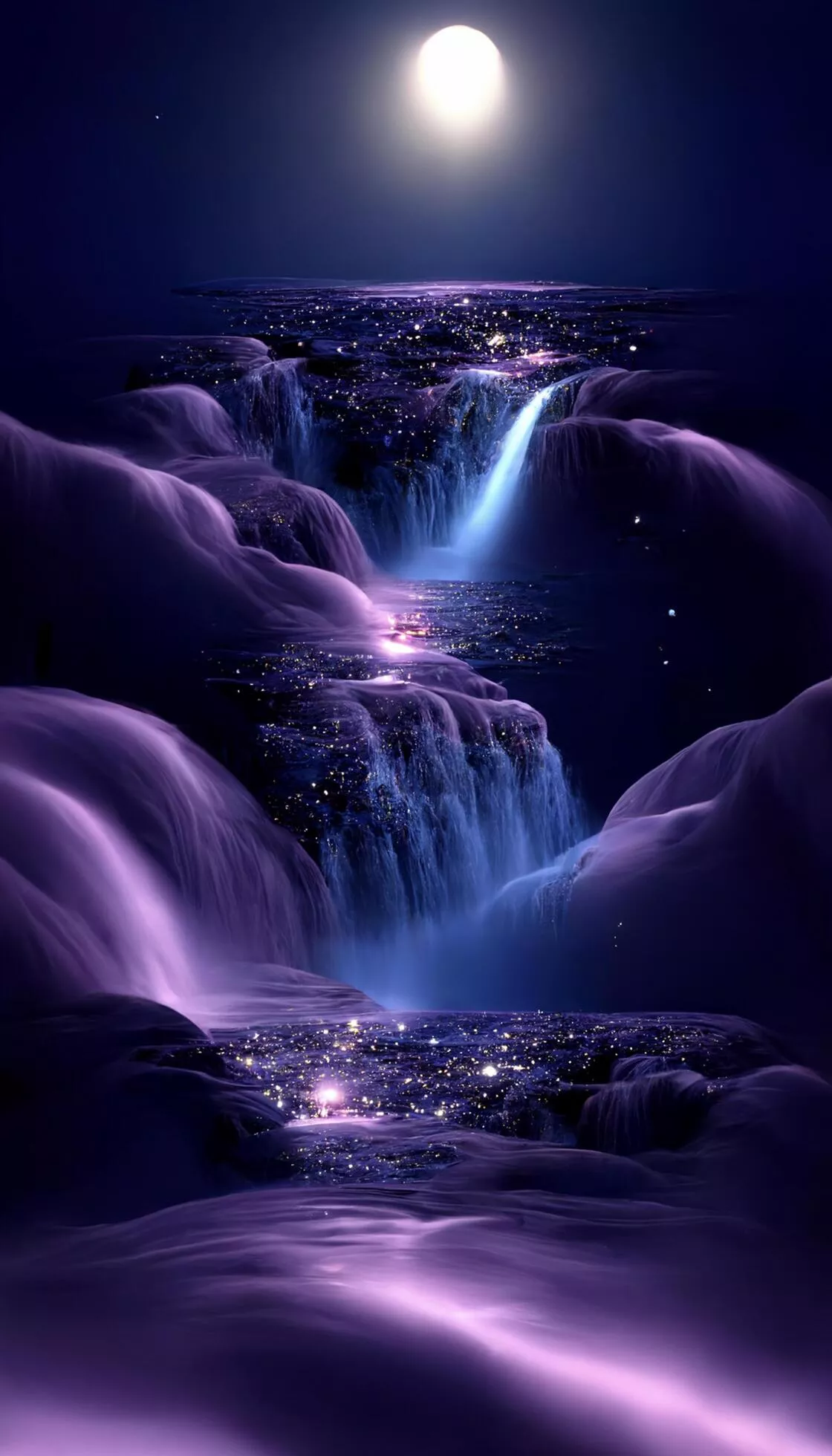 waterfall with a full moon in