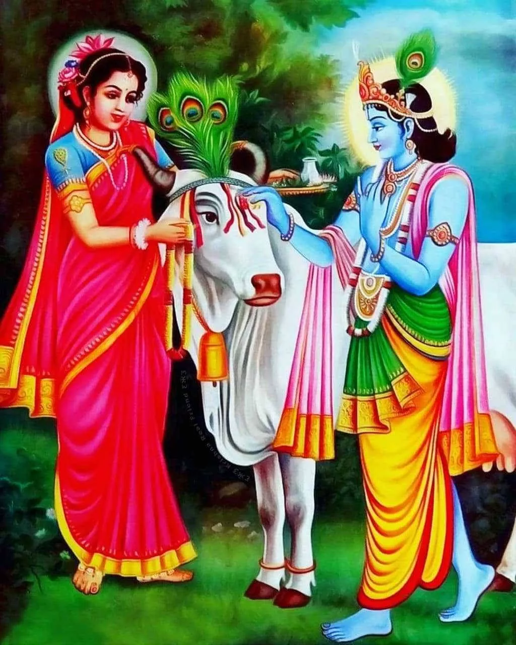 Krishna Phone Radha Painting Cow