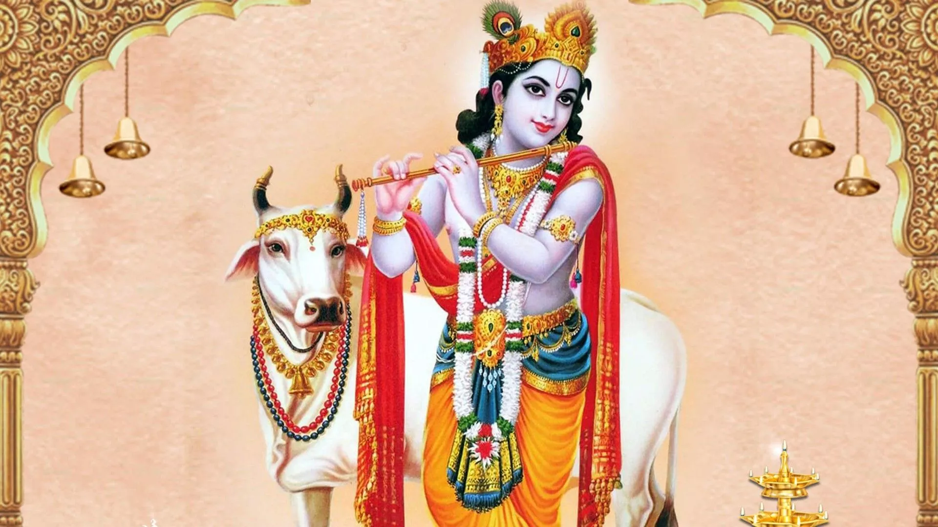 Krishna With Flute In Decorated Cow