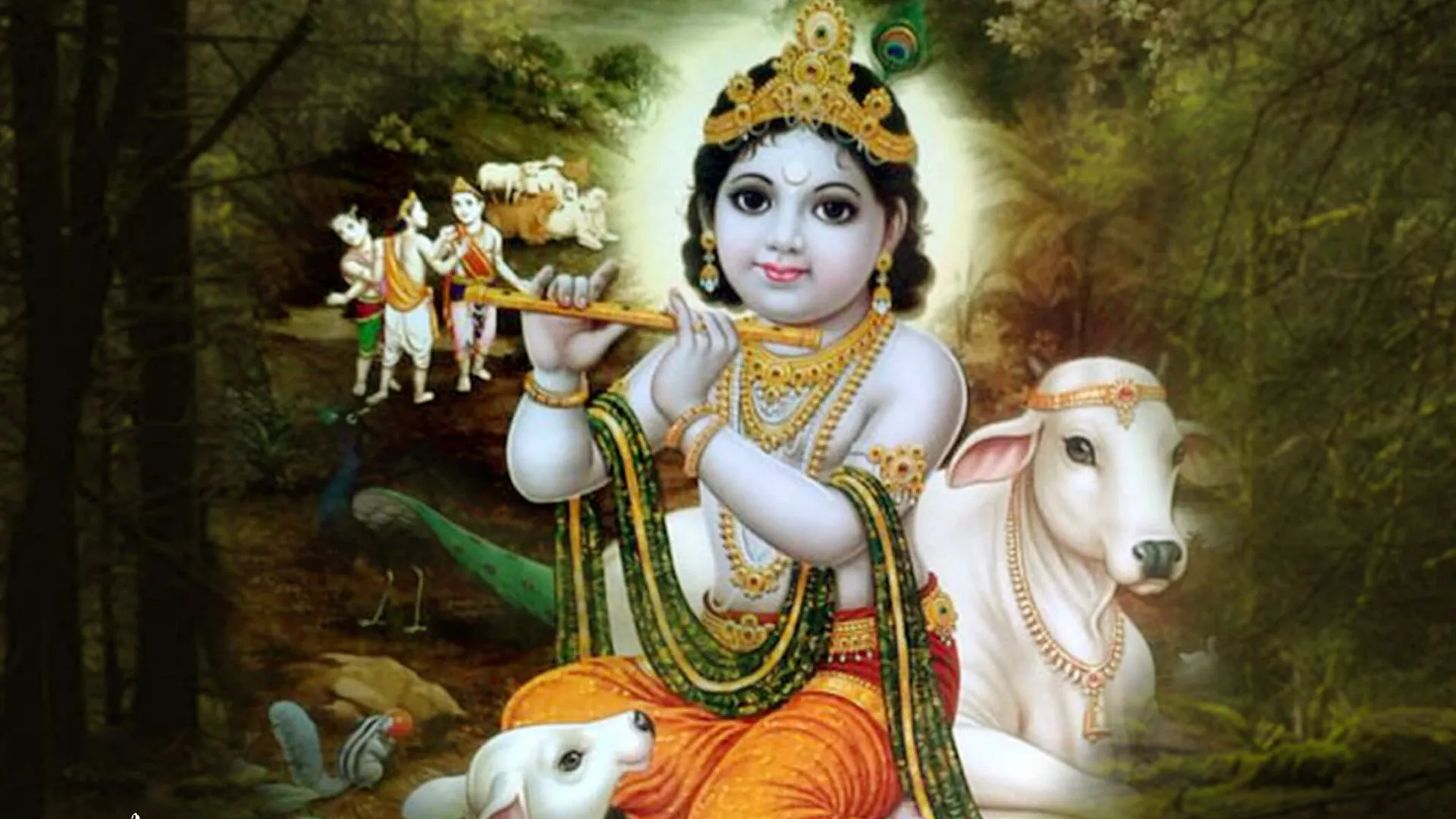 Krishna With Flute In Trees Background