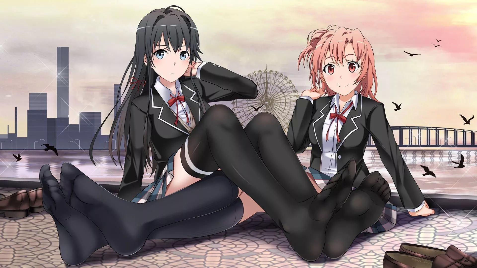 Two anime women sitting 3D wallpaper
