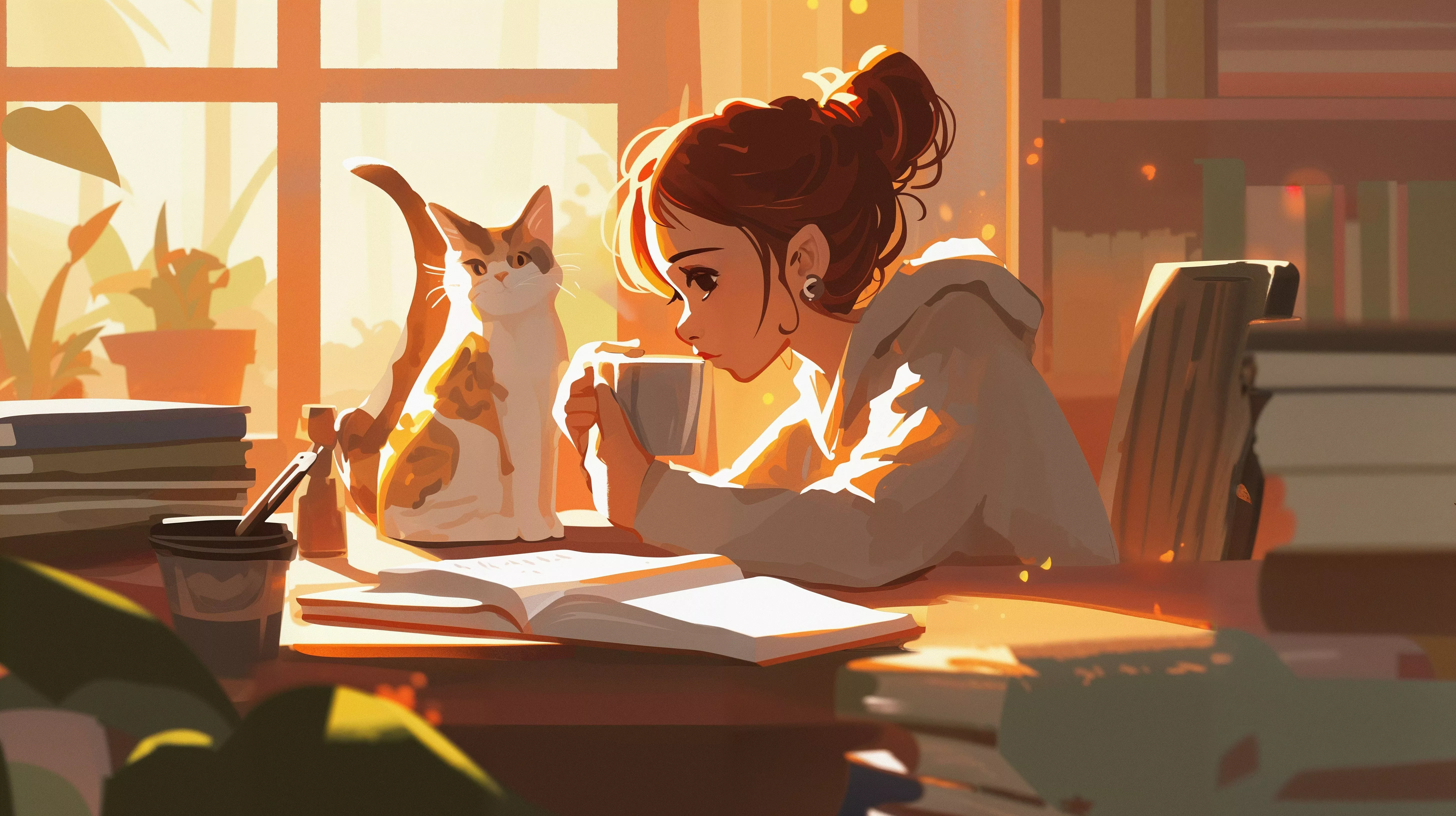 Woman and Cat Studying Wallpaper
