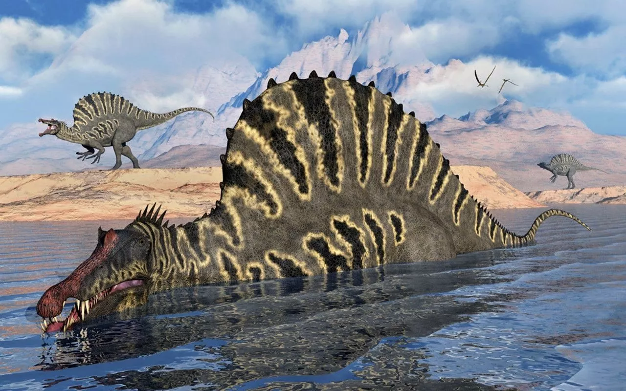 A Spinosaurus dinosaur hunting for food