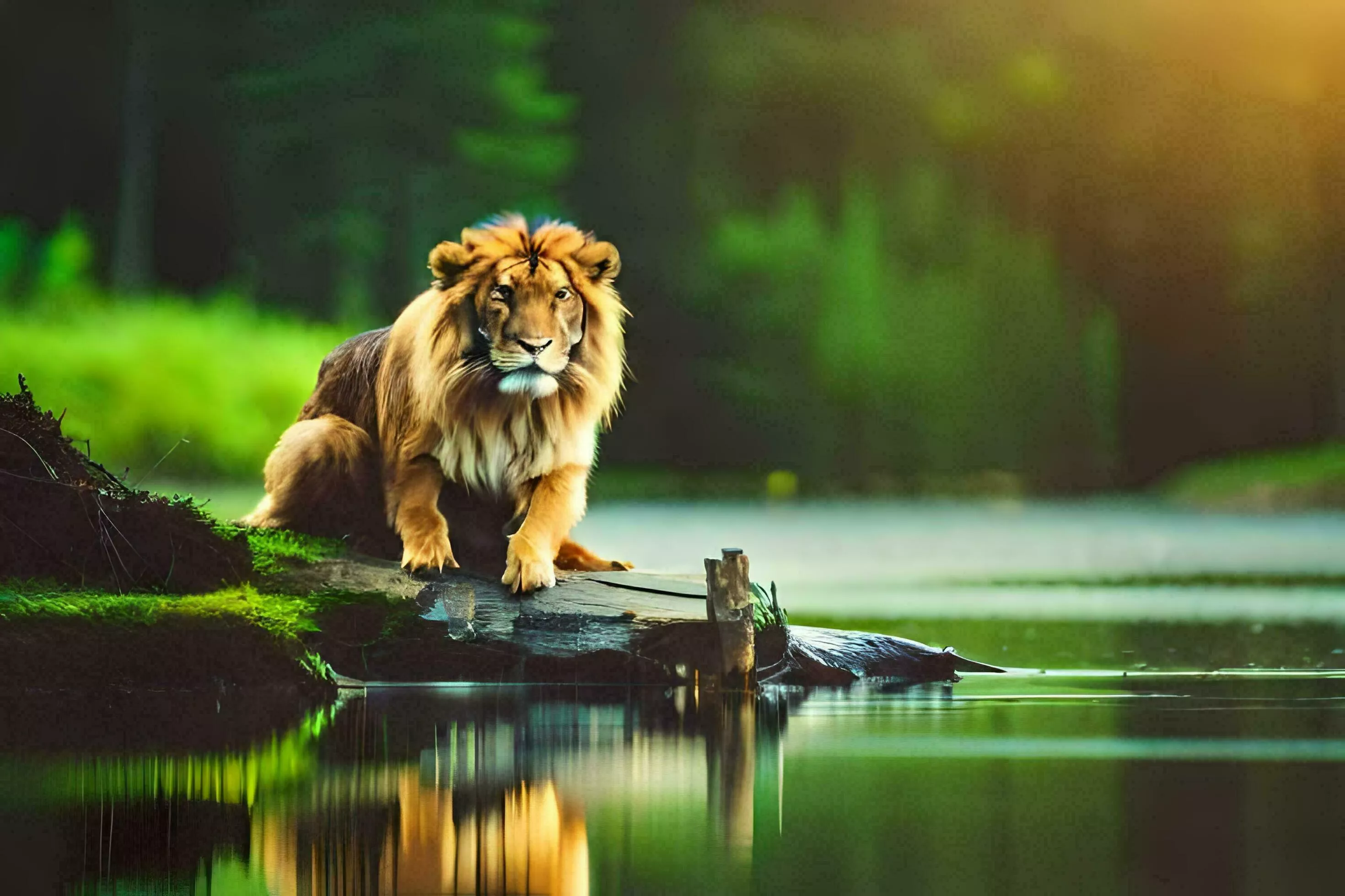 photo wallpaper the forest, water, lion