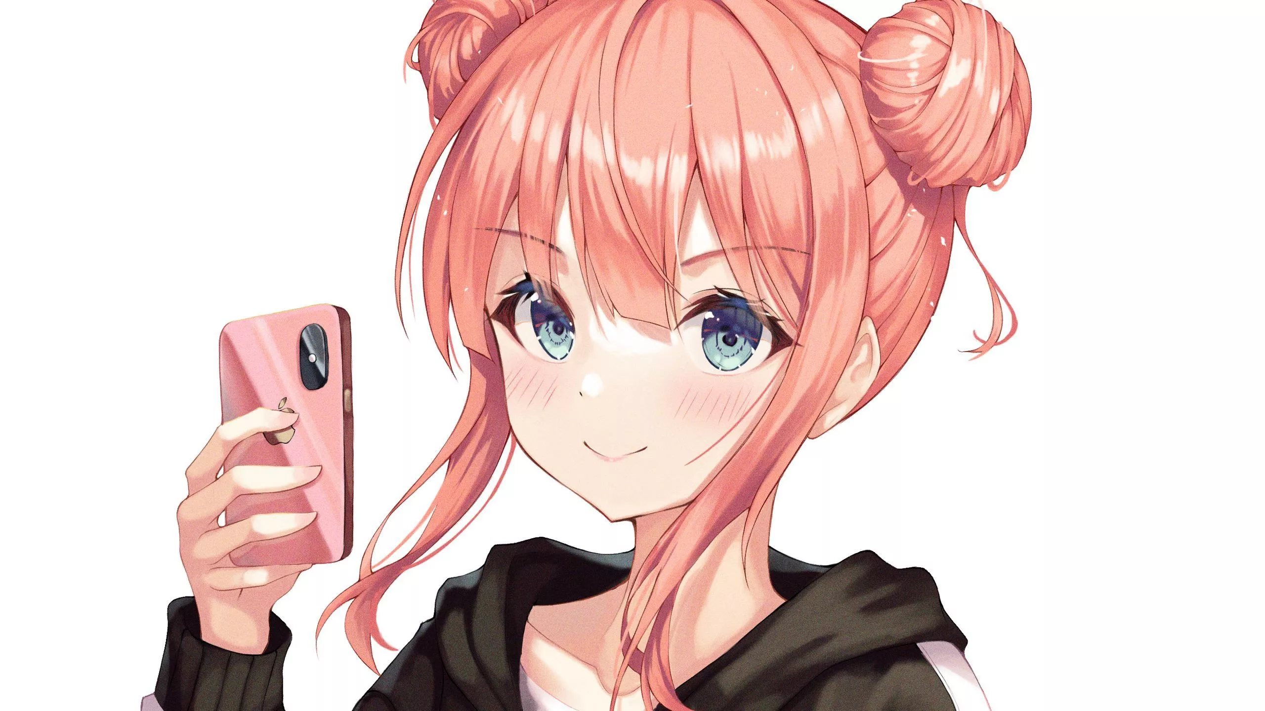 Girl; Smile; Blush; Phone; Anime Girl; White Background HD Anime Girl Wallpaper