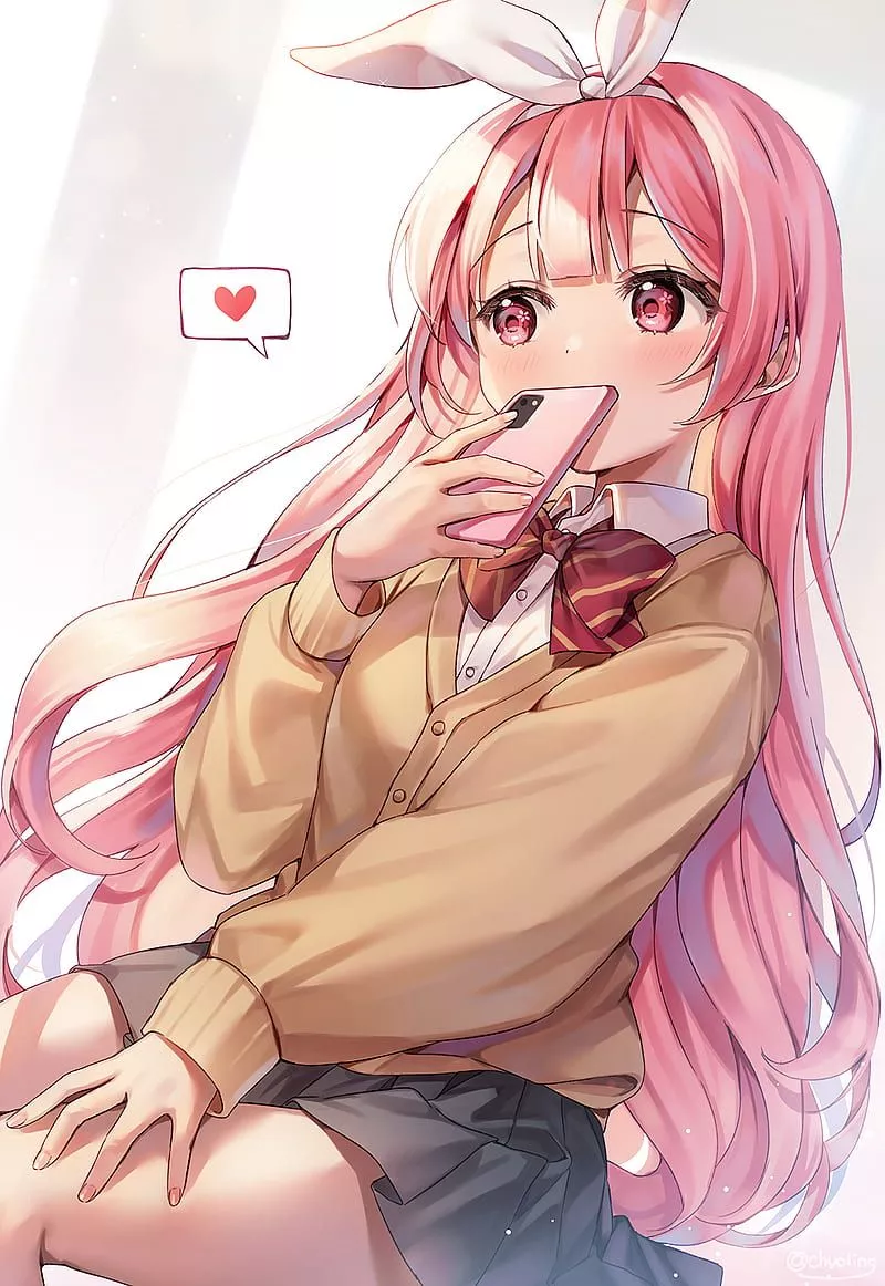 Girl, blush, ears, phone, heart, love, anime, HD phone wallpaper