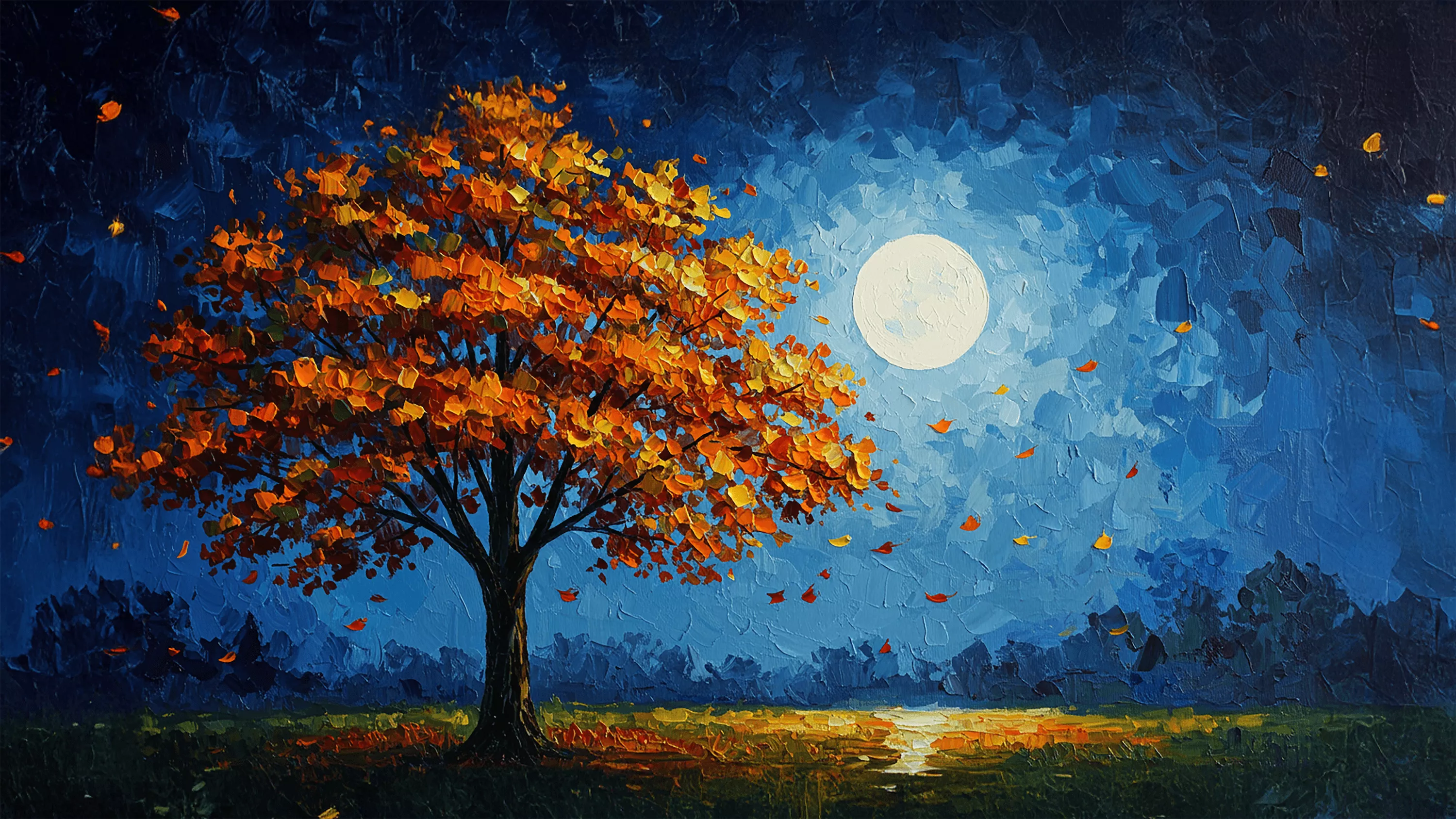 Free HD Full Moon Autumn Fall Leaves Wallpaper