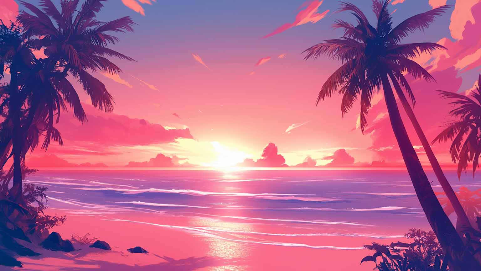 Tropical Beach Sunset with Pink Sky Wallpaper