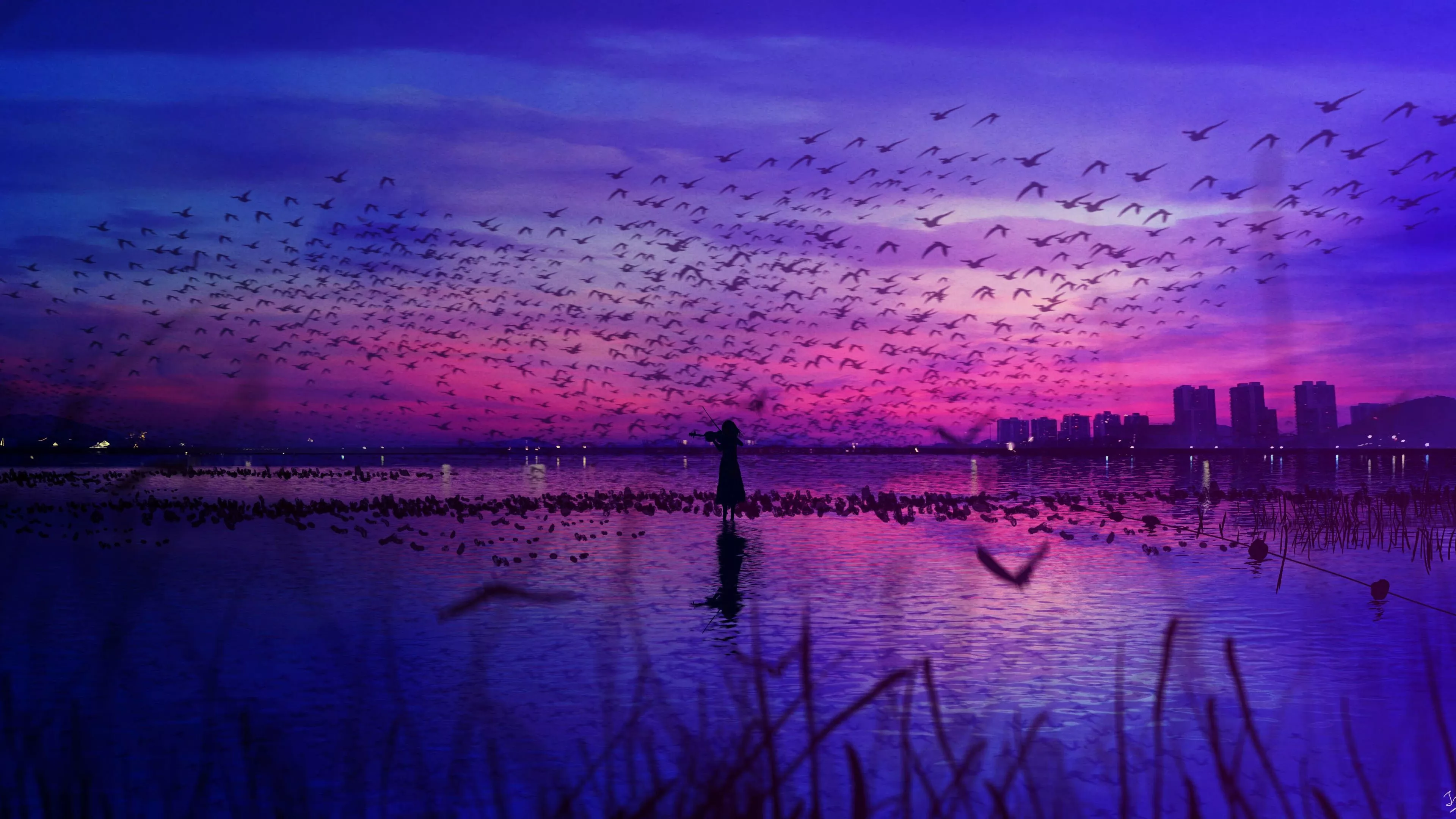Birds Anime Girl Nature Blue Pink Sky