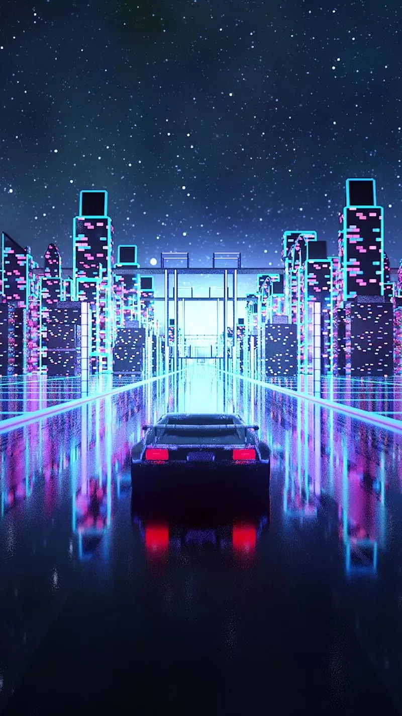 Cyber outrun, city, lights, neon
