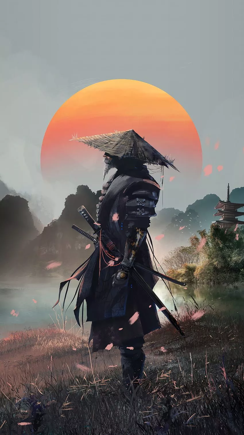 Samurai at sunset HD wallpaper