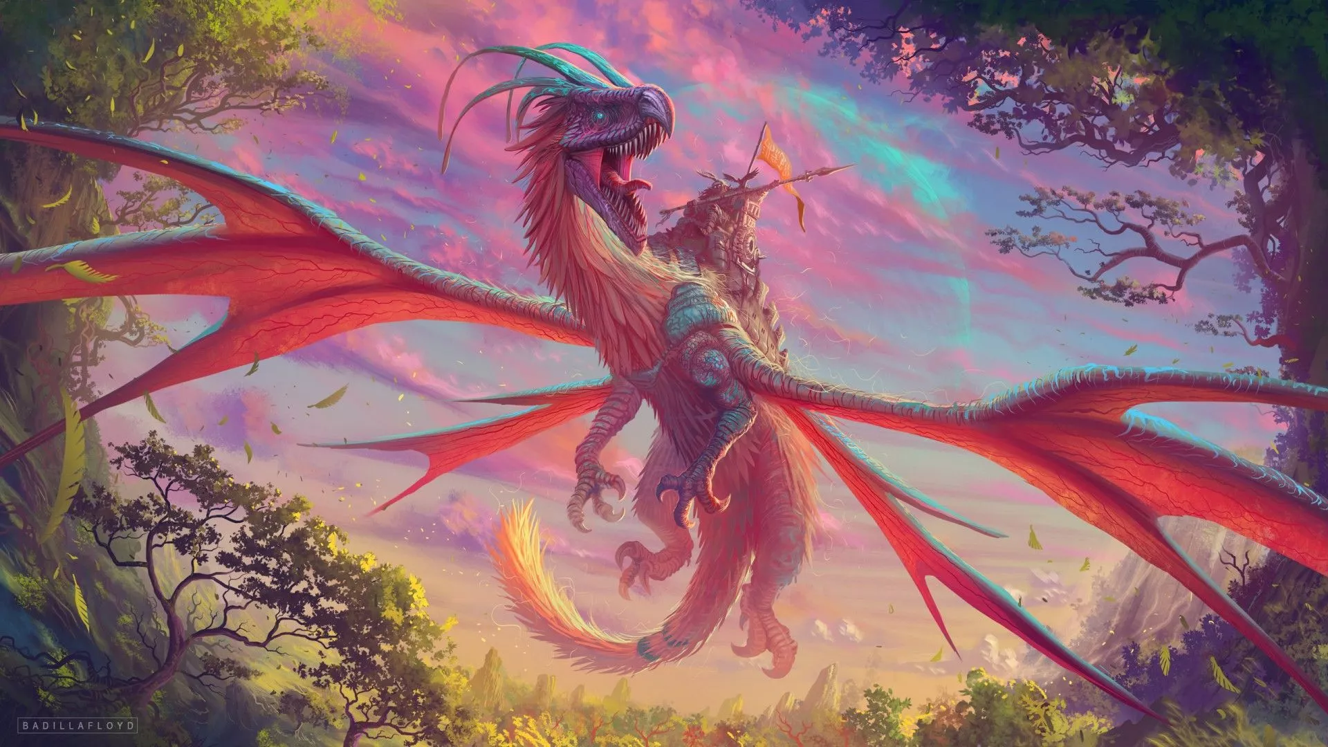 Fantasy Red And Blue Dragon Flying