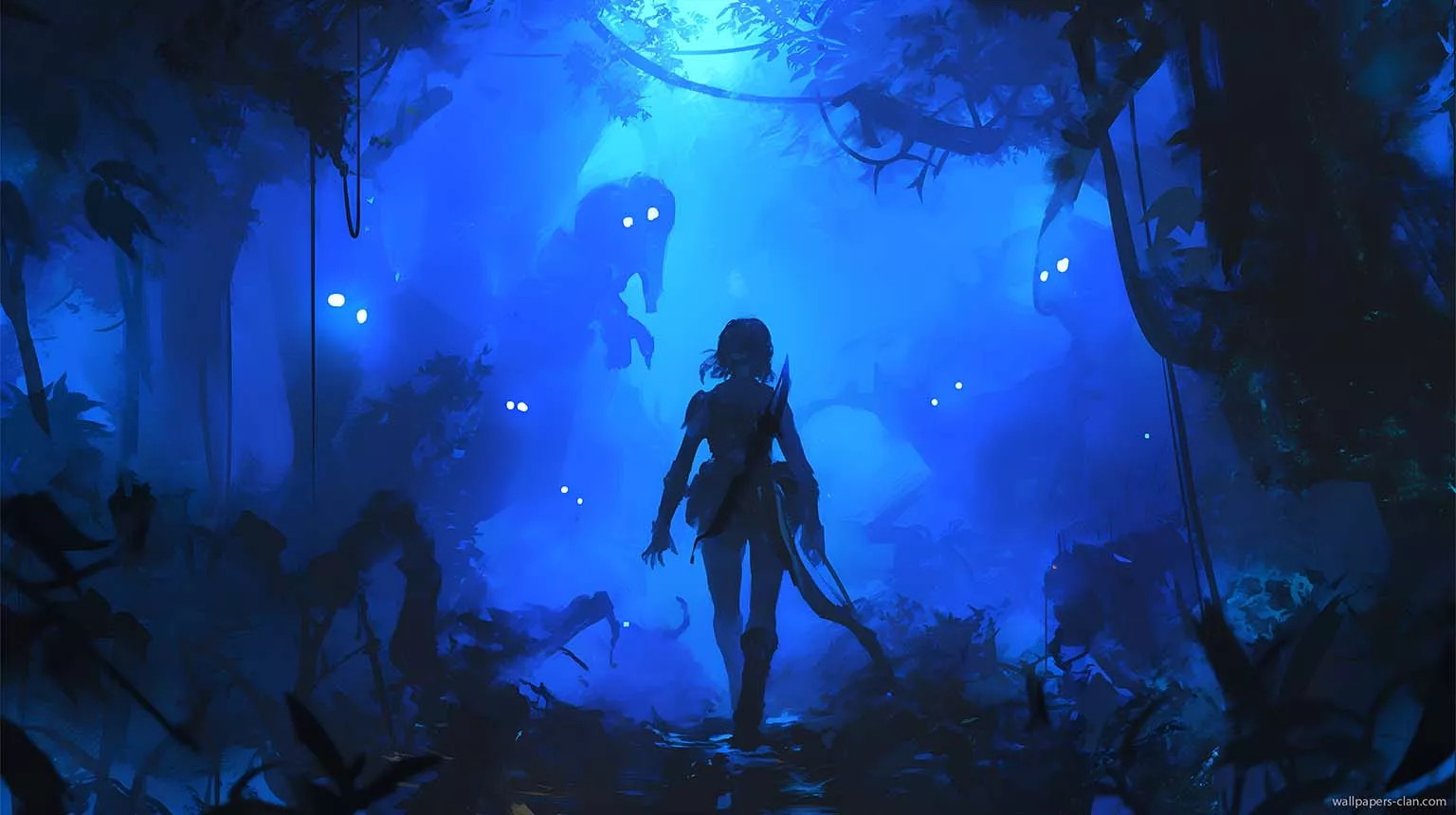 Mysterious Forest Blue Glow Desktop Wallpaper