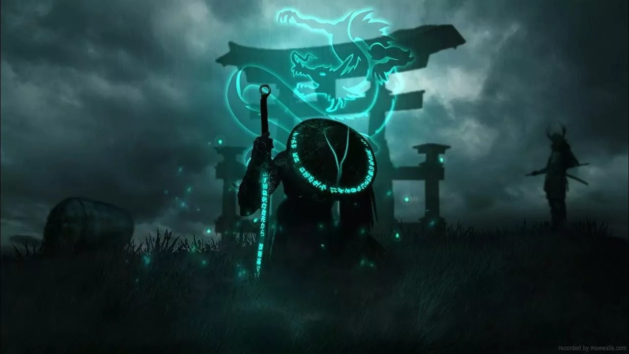 Mysterious Dragon Samurai Kneeling at Torii Gate. 4k Live Wallpaper
