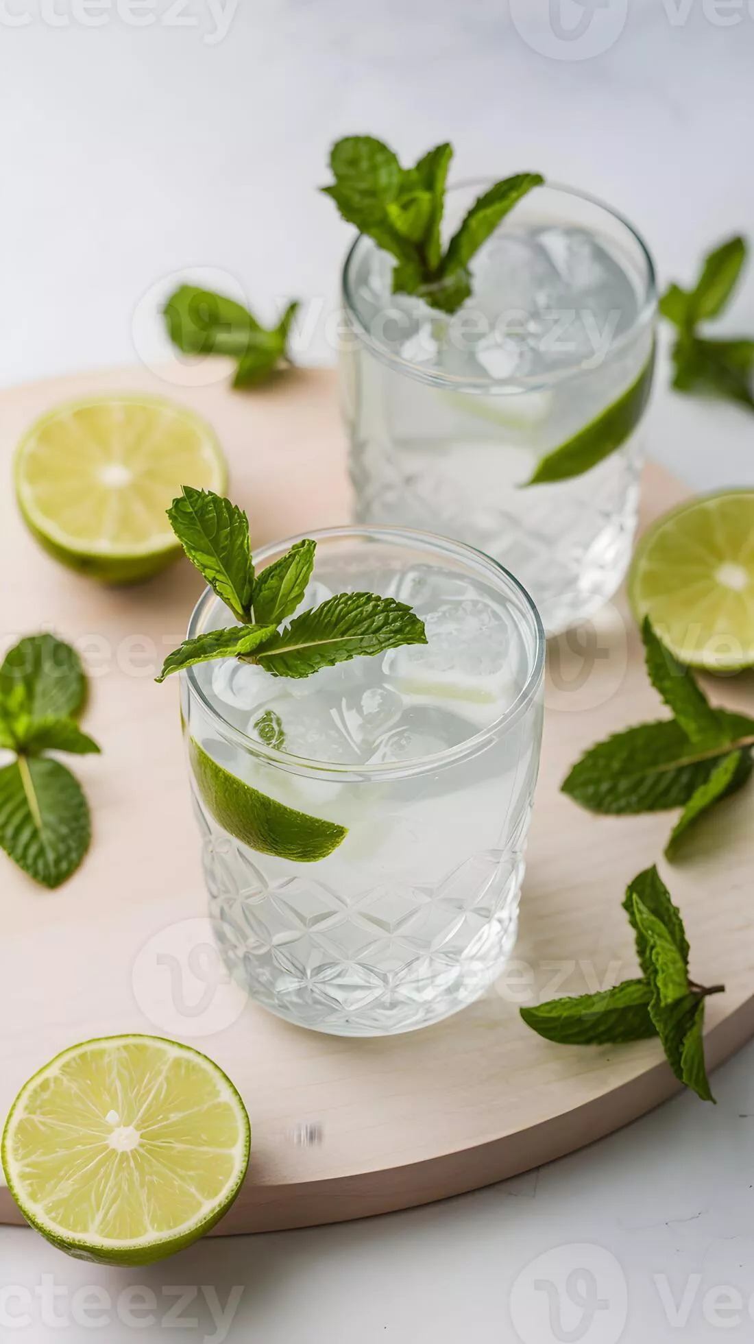 Refreshing mint lime drinks on wood