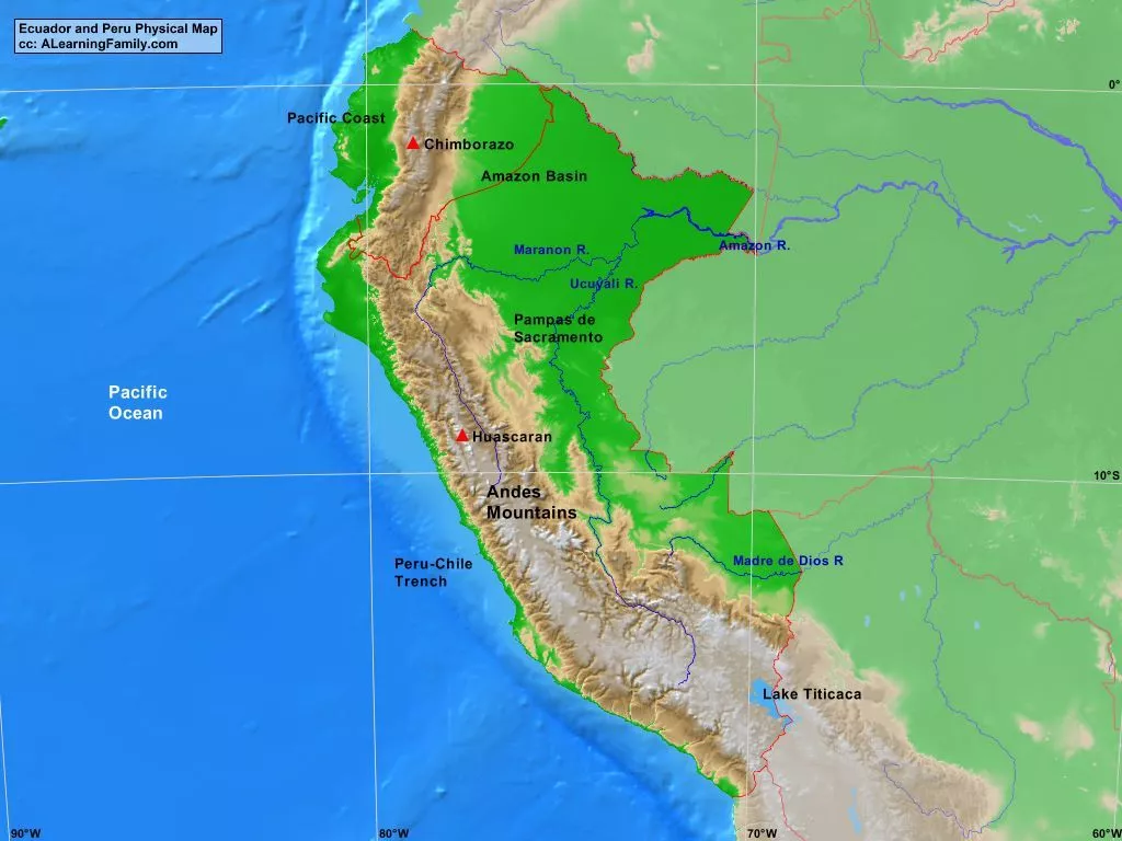 Ecuador and Peru Physical Map