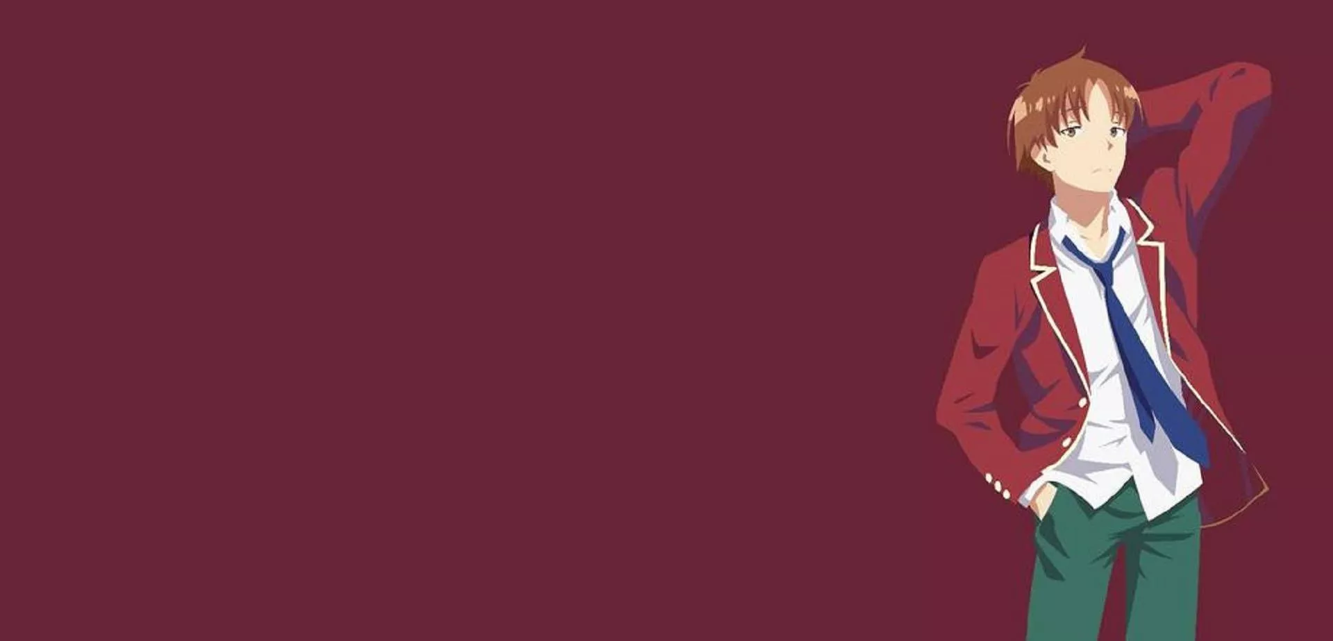 Caption: Charismatic Kiyotaka Ayanokoji Posing In Maroon Banner Background Wallpaper