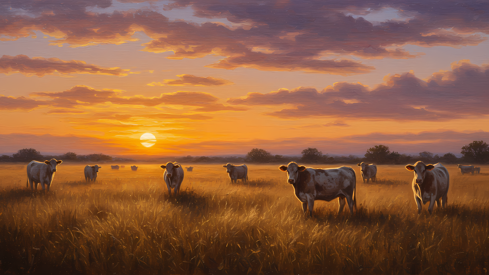 Cows Sunset Pastoral Wallpaper