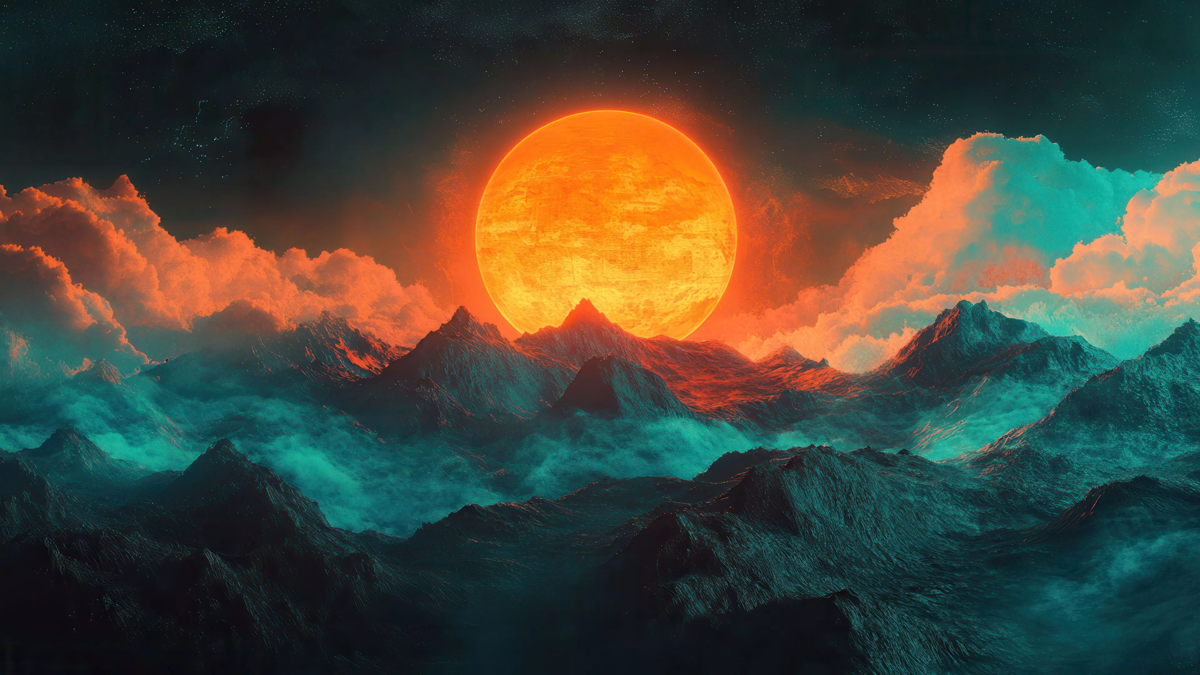 Teal Moonlight Landscape 4K Wallpaper