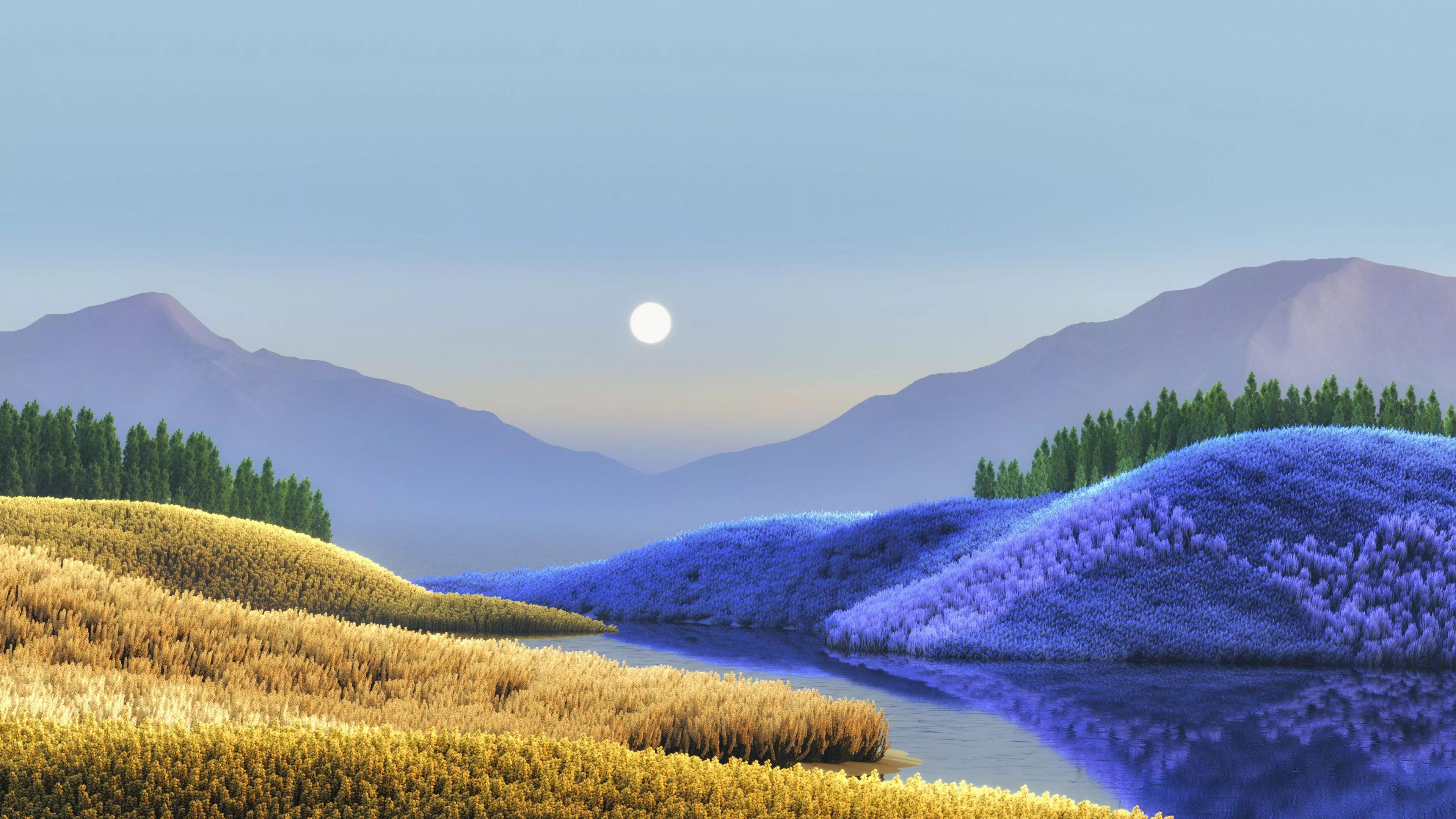 Landscape Wallpaper 4K, Surreal, Windows 11, Moon, Lake