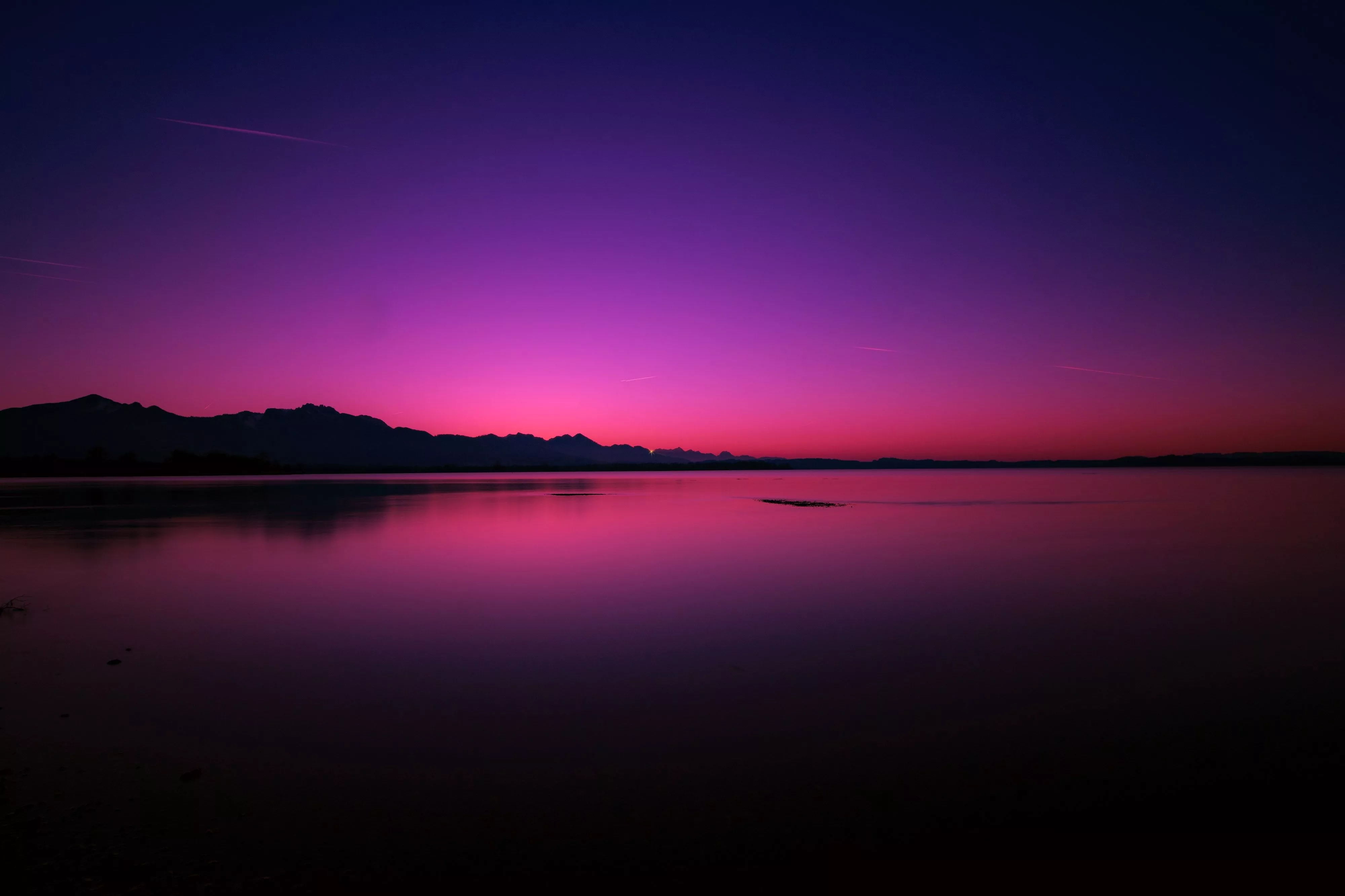Sunset Wallpaper 4K, Lake, Dusk, Purple sky