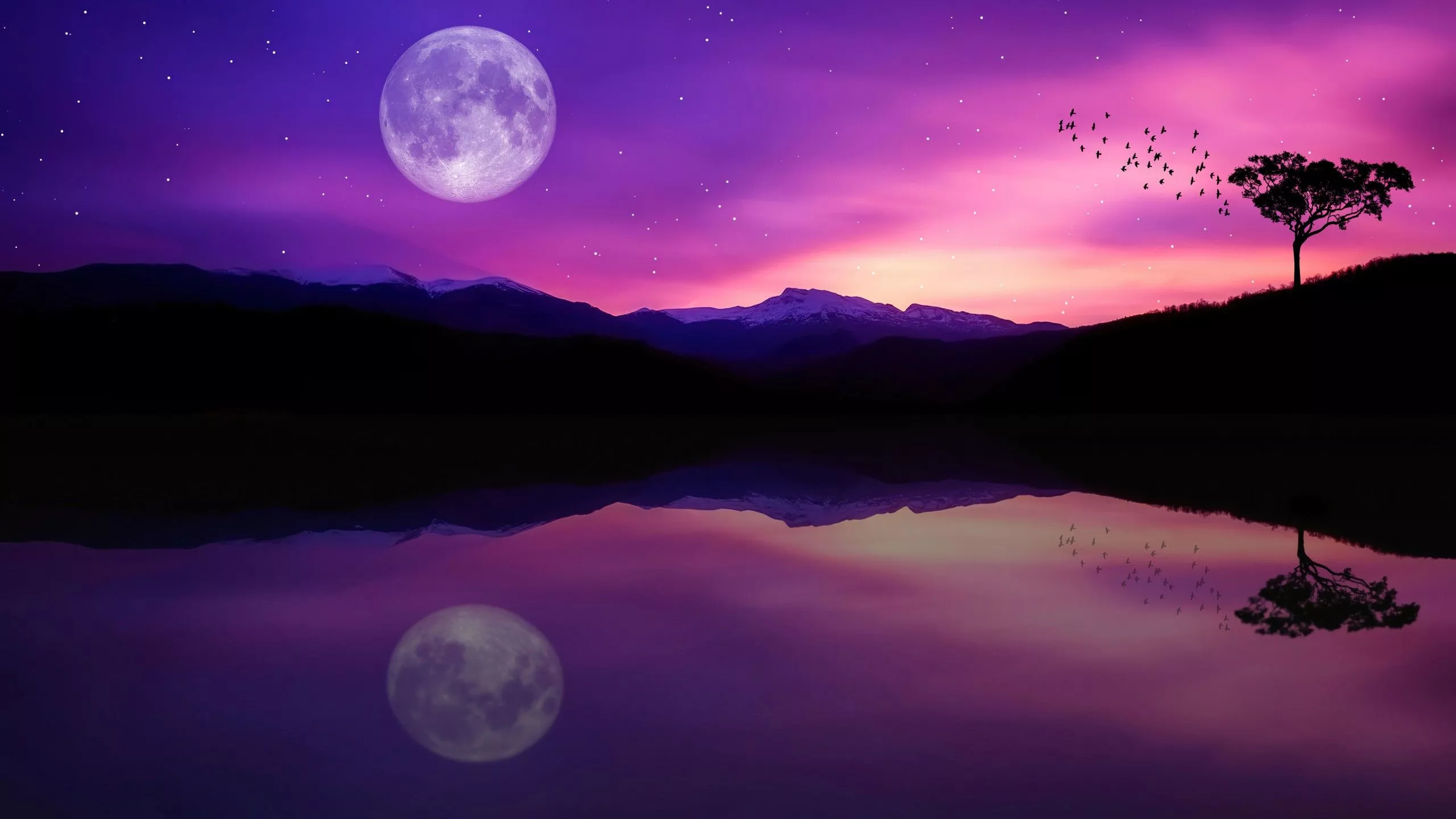 Purple Starry Sky Dusk Full Moon Water
