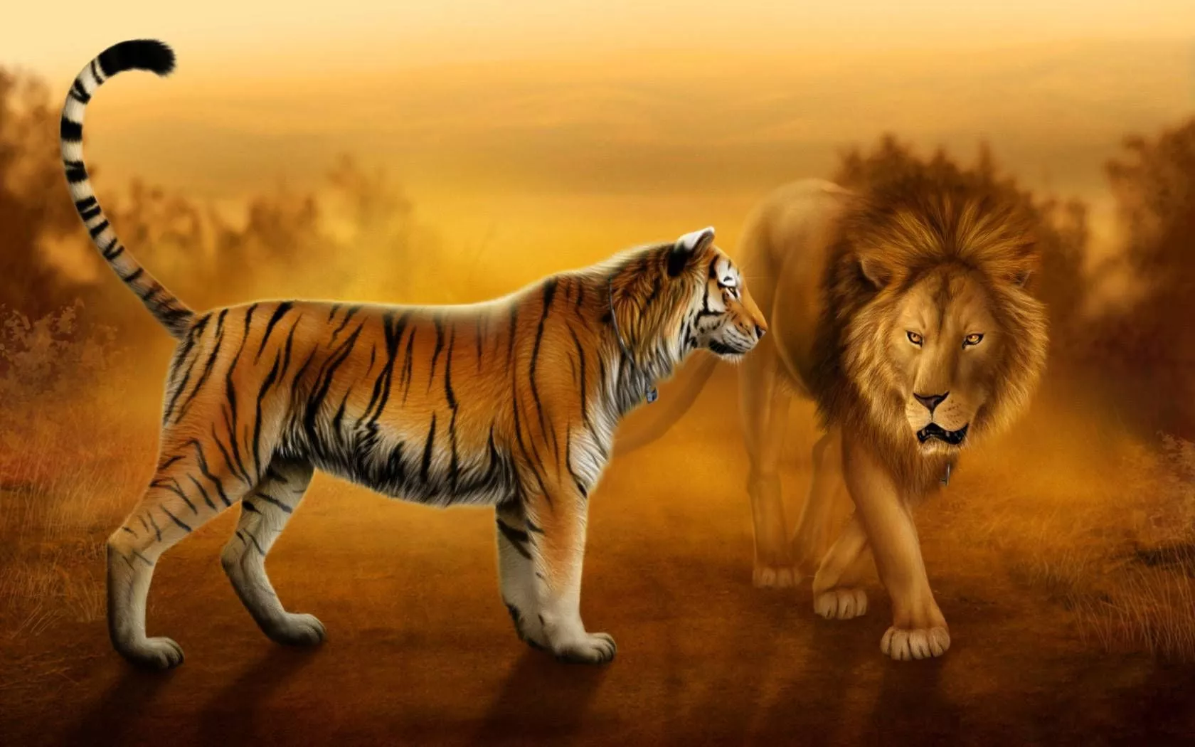 Download Lion And Tiger Art Wallpaper