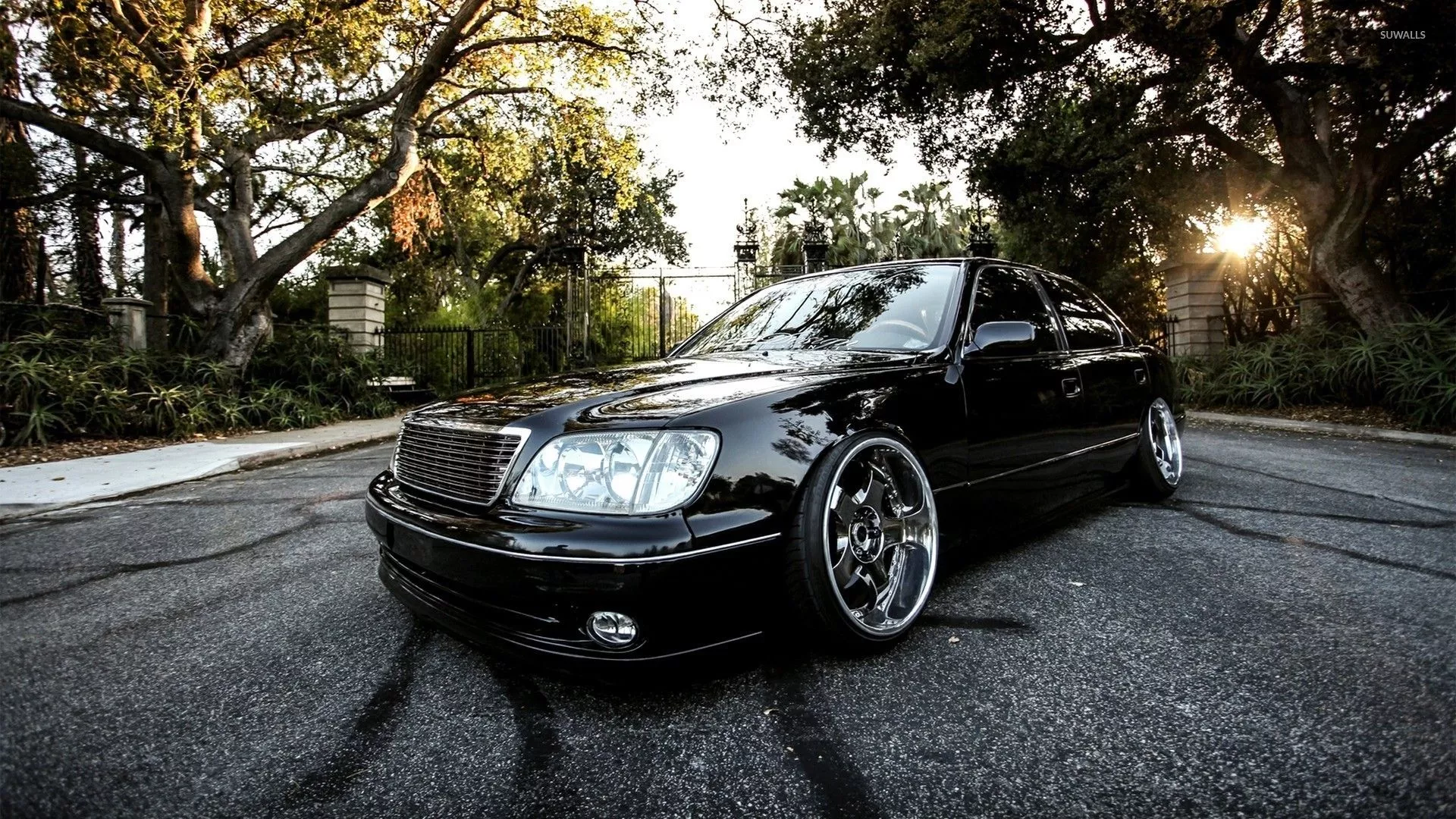 Black Lexus LS in the park wallpaper