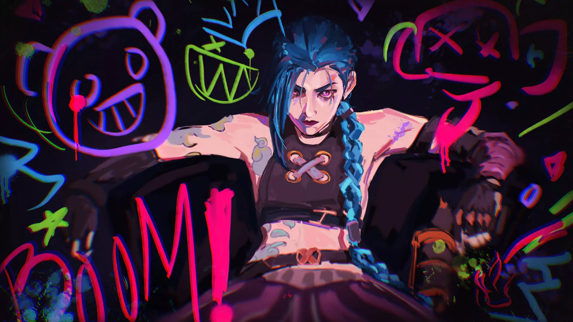 Jinx Arcane Floating Neon Doodles