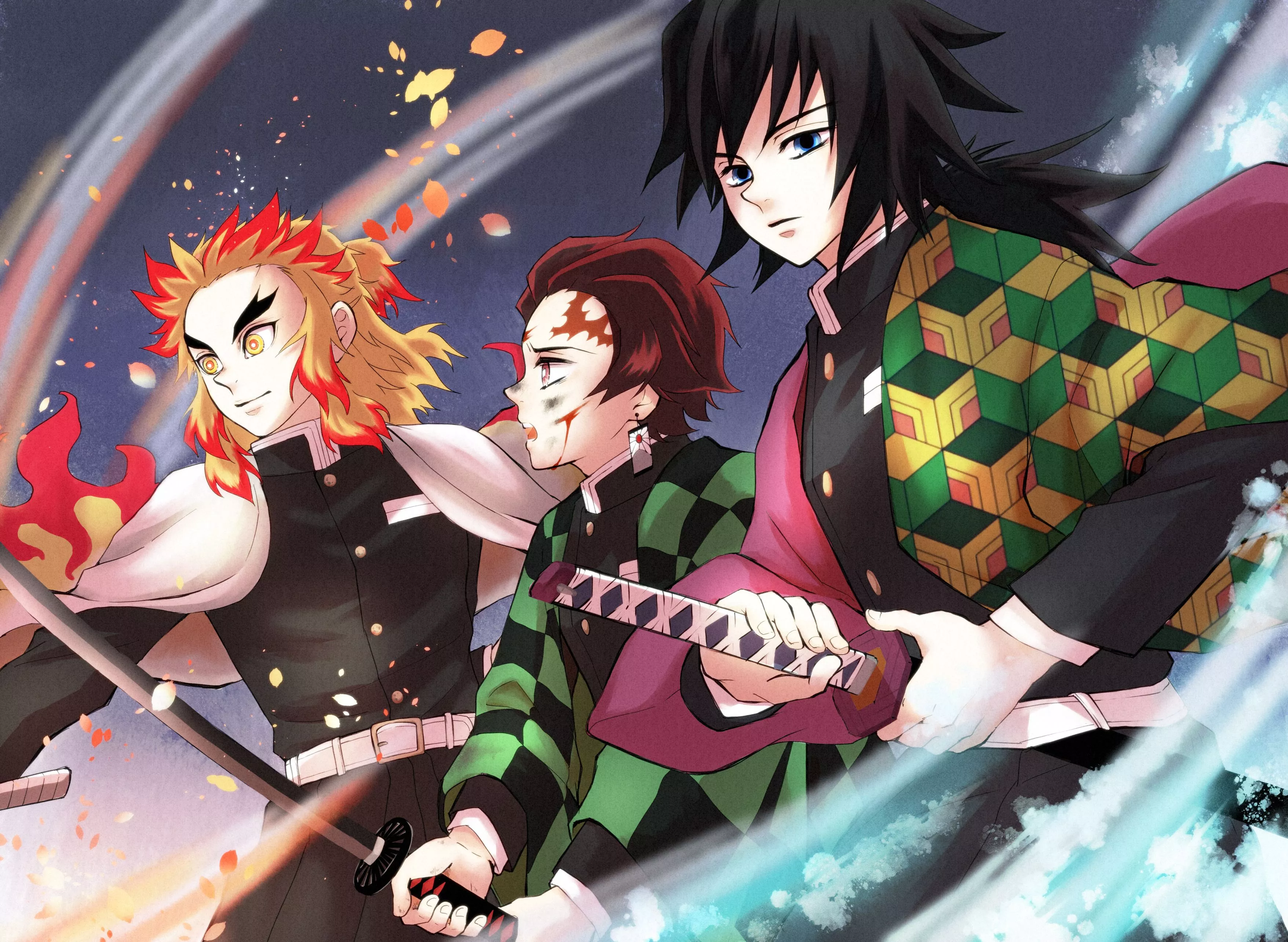 Download Giyuu Tomioka Kyojuro Rengoku Tanjiro Kamado Anime Demon Slayer: Kimetsu No Yaiba HD Wallpaper
