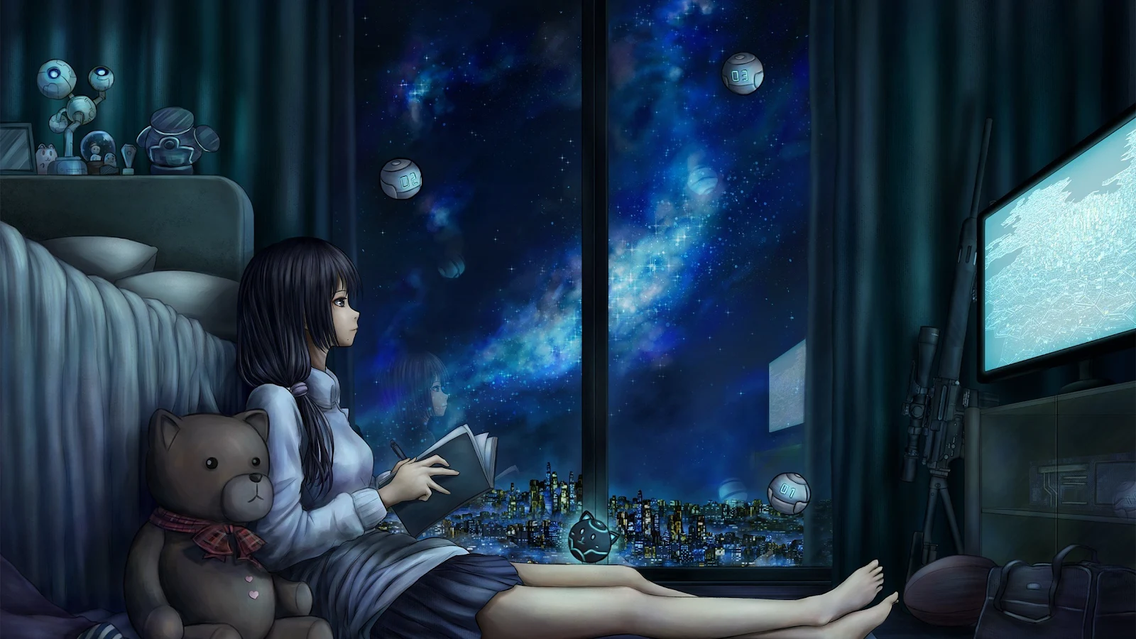 Night, Calm, Reading, Anime Girls