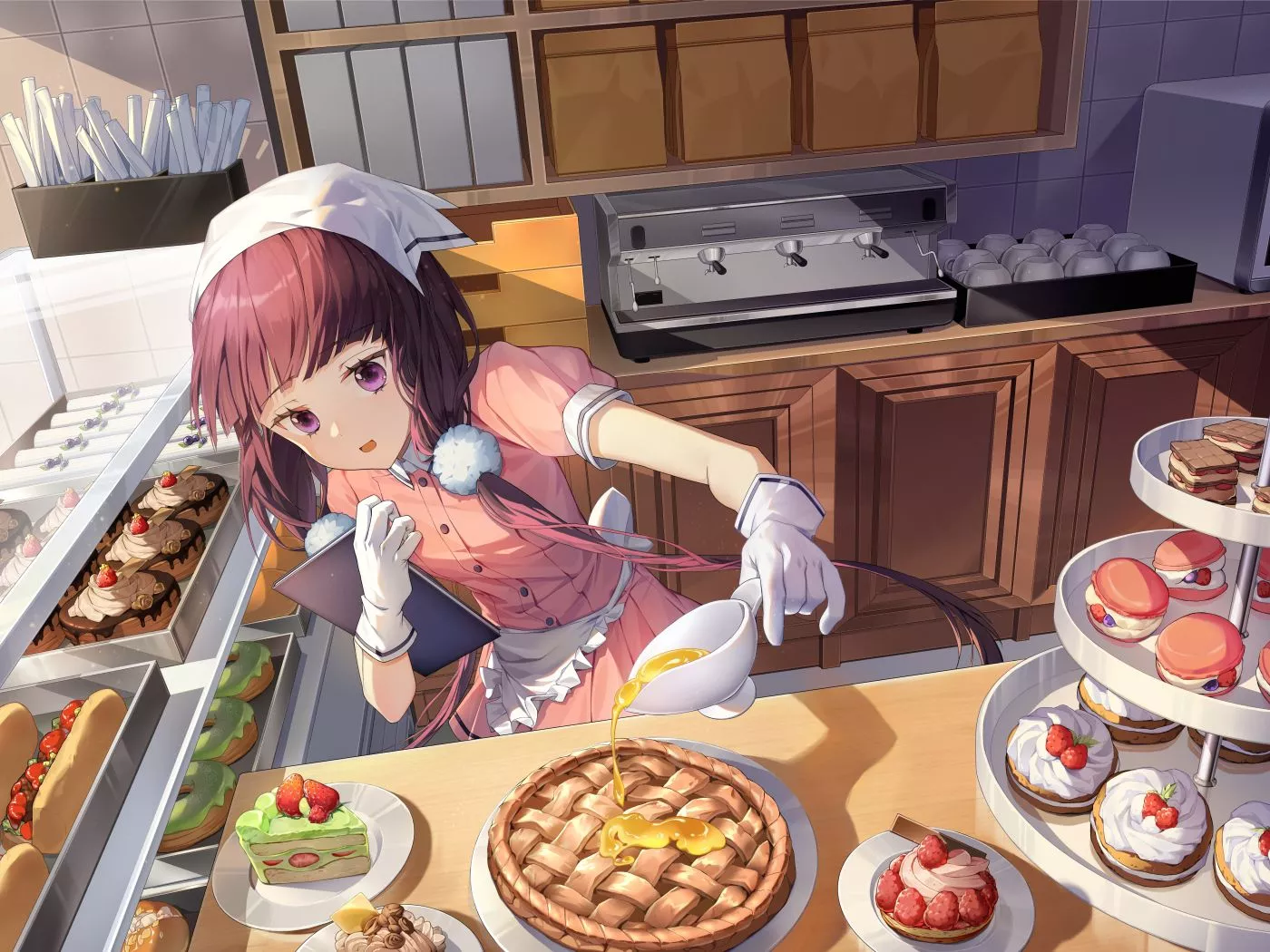 Anime girl cooking sweets in