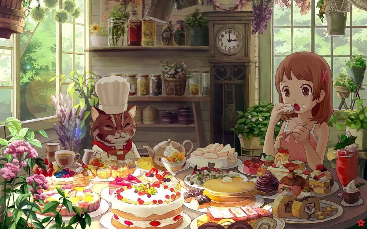 Anime girls food sweets cake eating