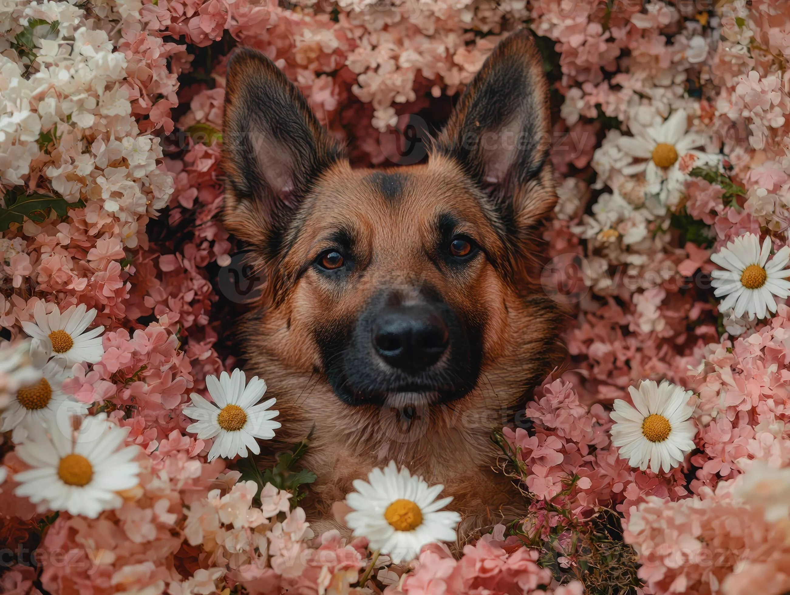 German shepherd dog surrounded