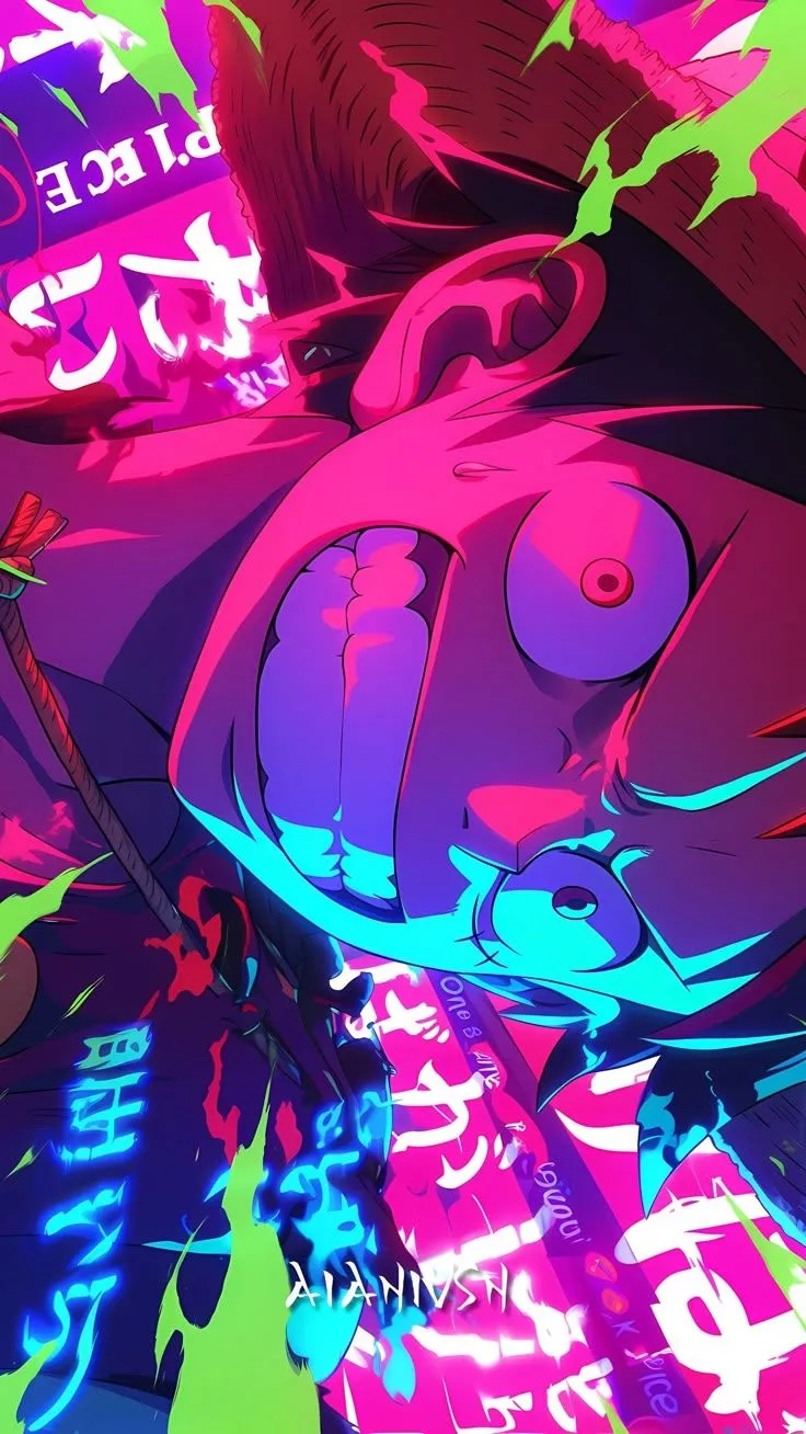 neon Japanese text.. Monkey D. Luffy