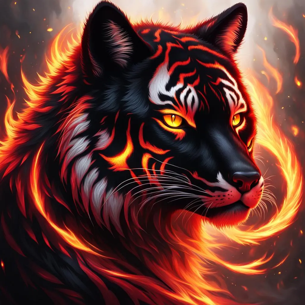 black fox and Tiger hybrid made of fire