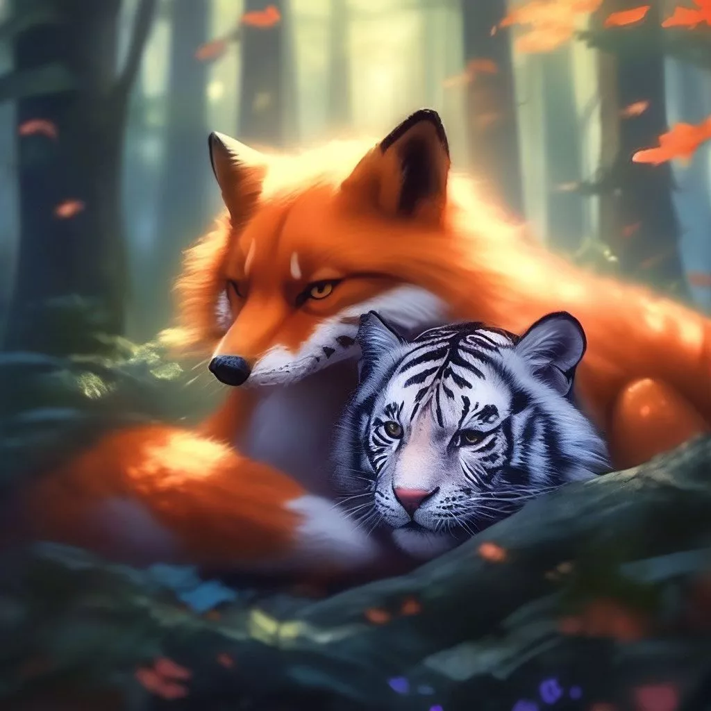 Beautiful 1 fox cuddles with 1 tiger