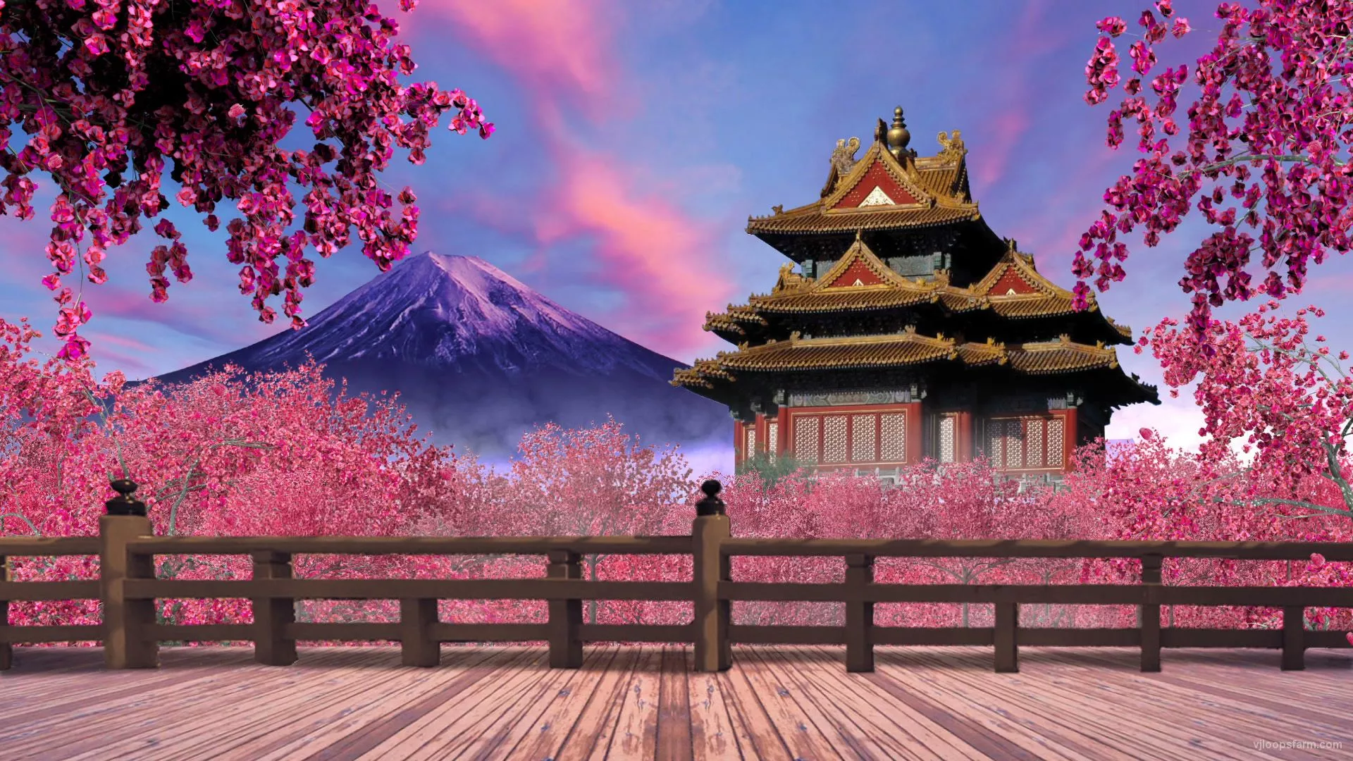 Pagoda Pink Blossom Flowers Mountain