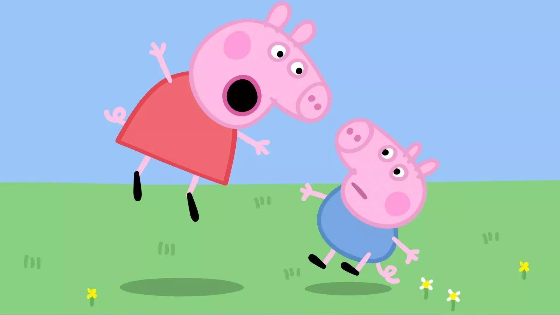 peppa pig and george pig are jumping
