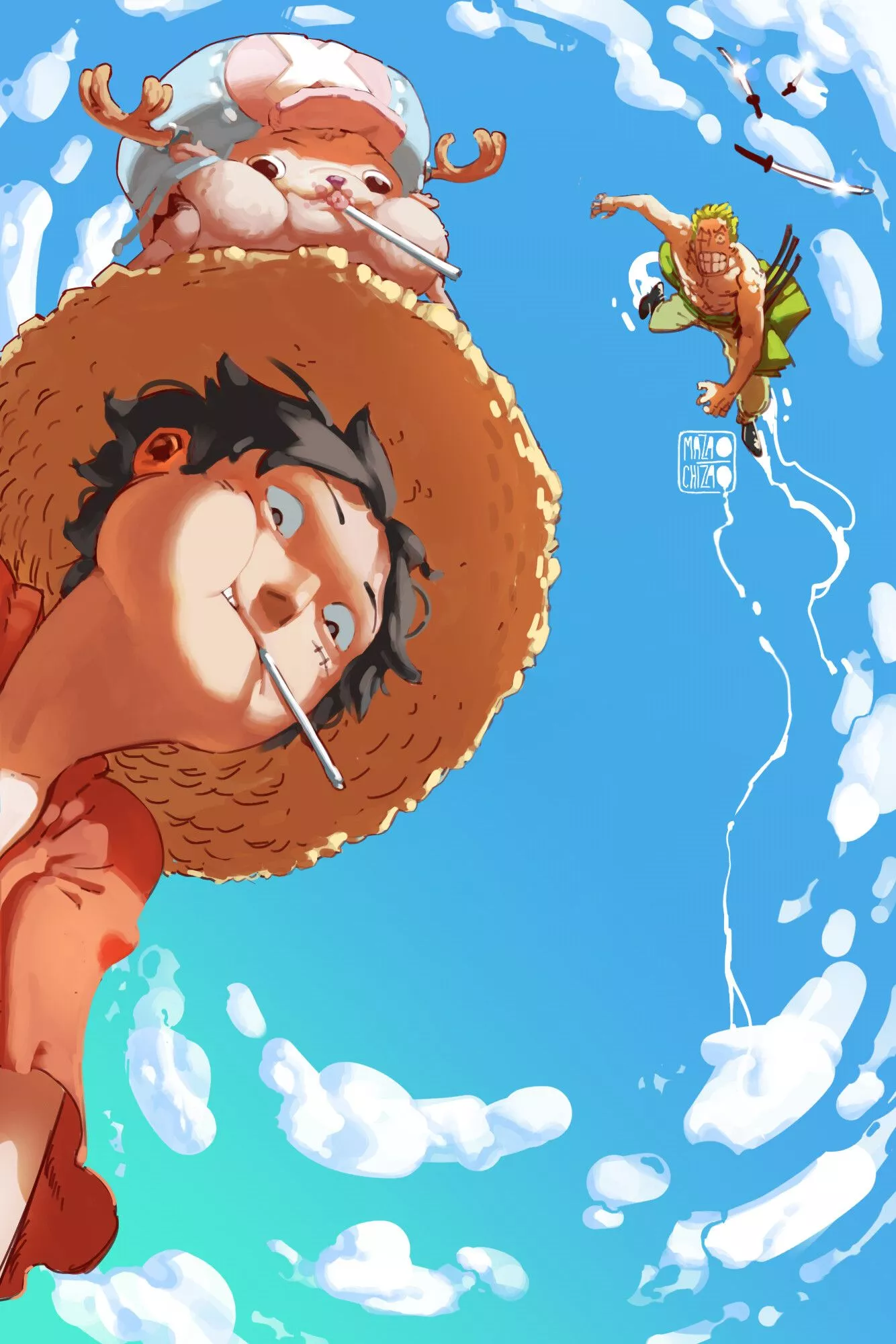 Chopper sitting on top of Luffys hat