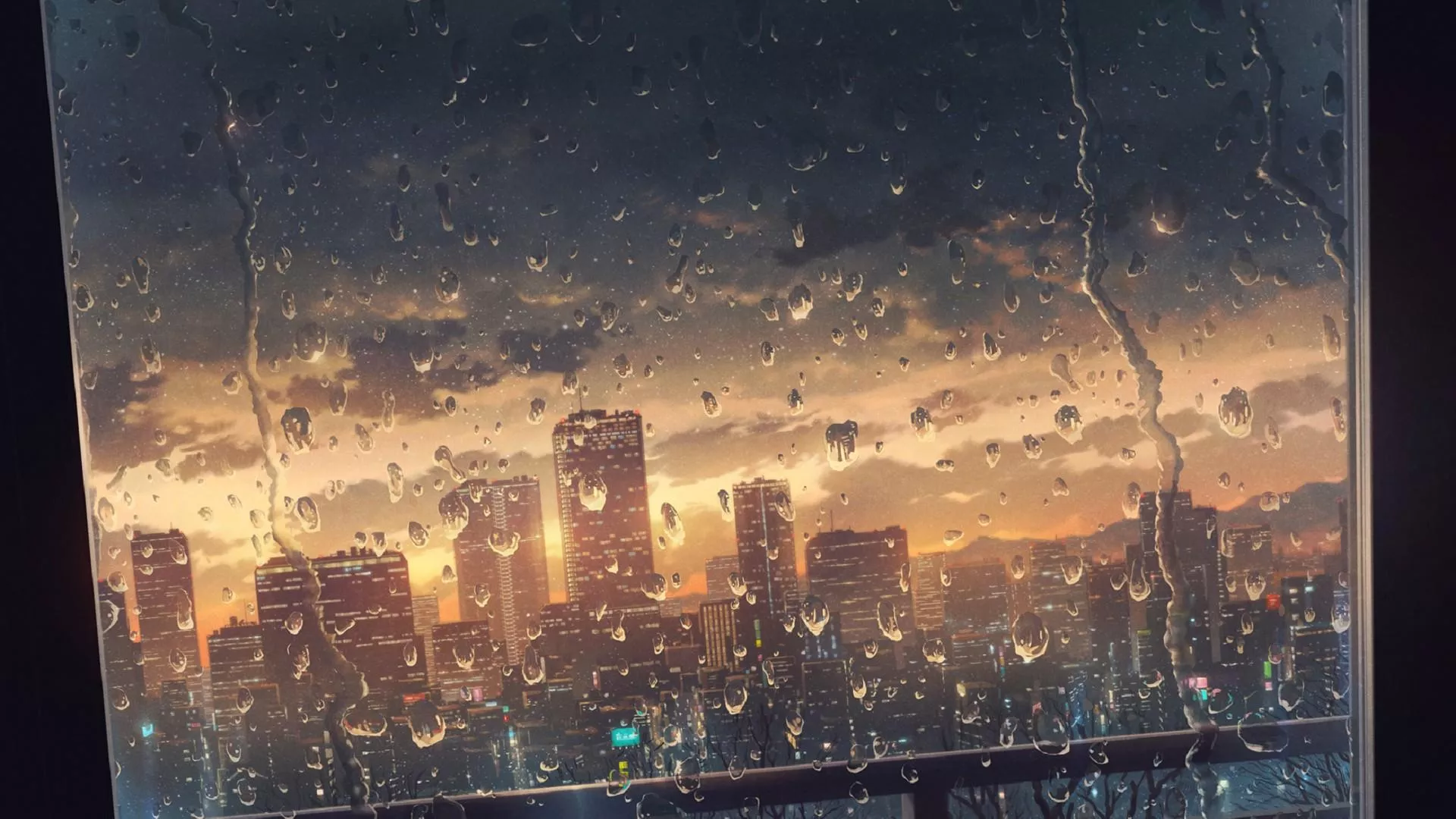 Anime City Sunset in Rain