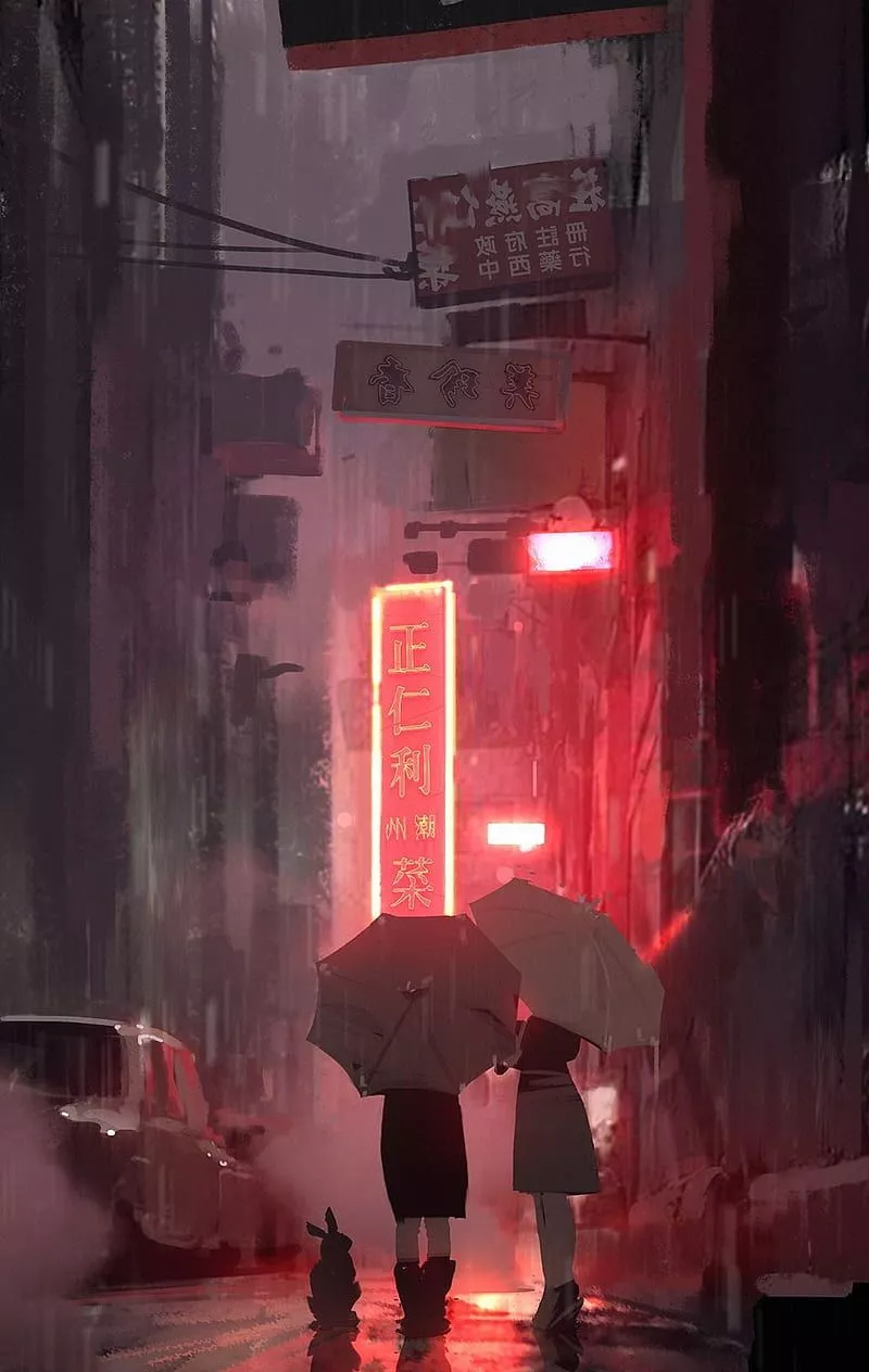 Anime girls, neon, rain, night