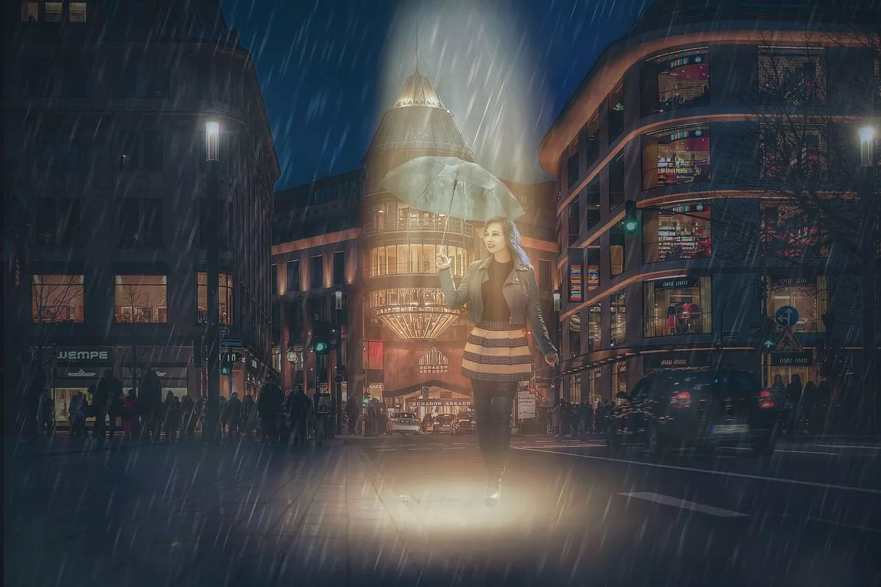 Download Woman, Rain, City. Royalty