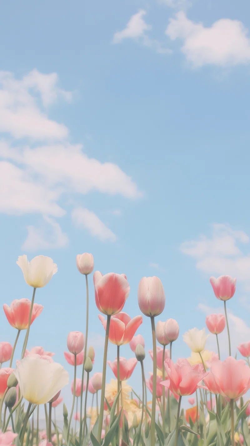 Aesthetic Tulip Garden And Blue Sky Landscape Wallpaper Image Wallpaper
