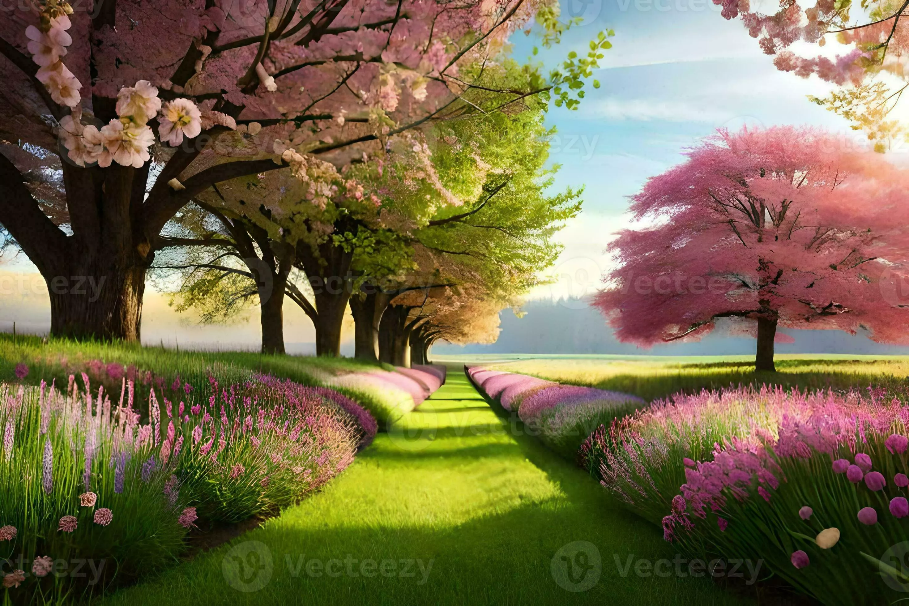 a beautiful spring day with pink trees