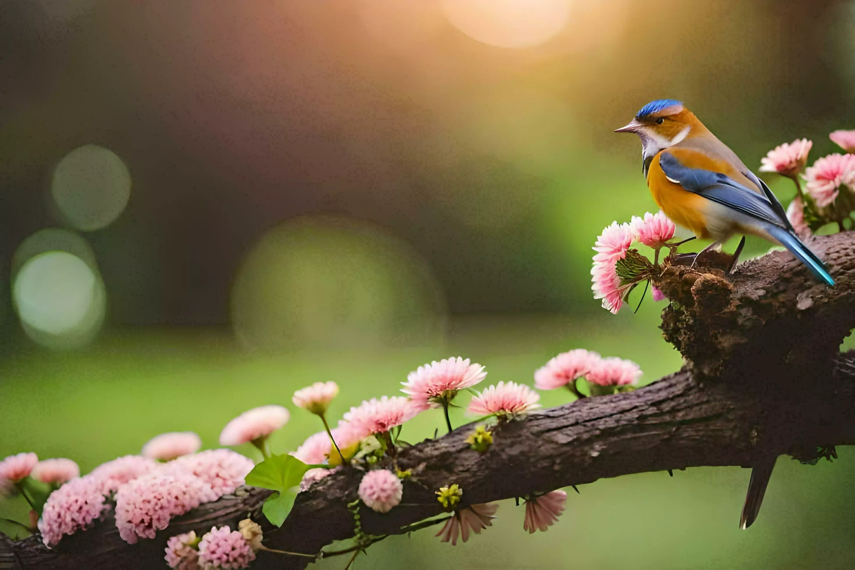 photo wallpaper the sun, flowers, bird